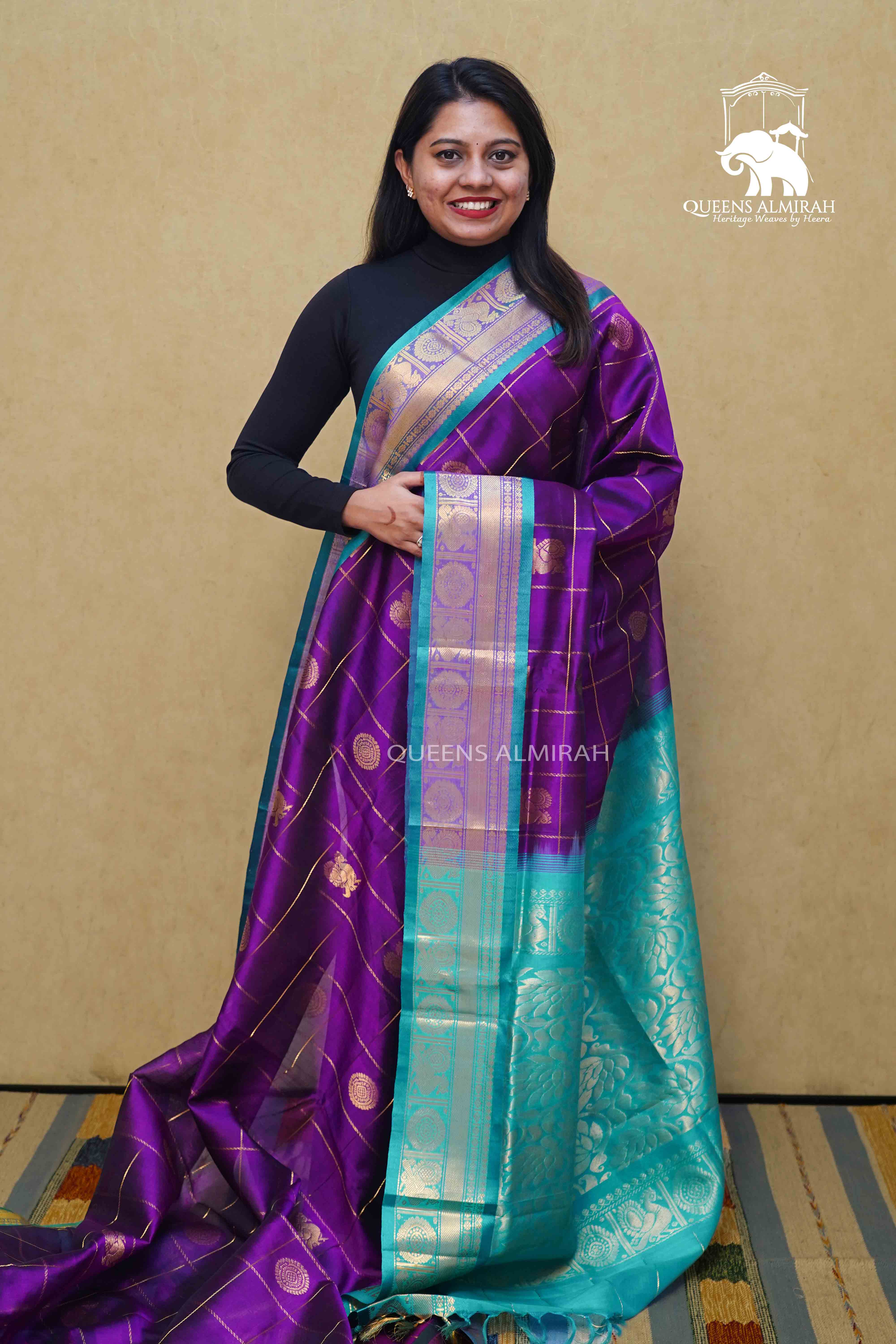 PURE KANCHI SILK COTTON - JAVA PLUM WITH GREEN BLUE - Queens Jewel Emporium