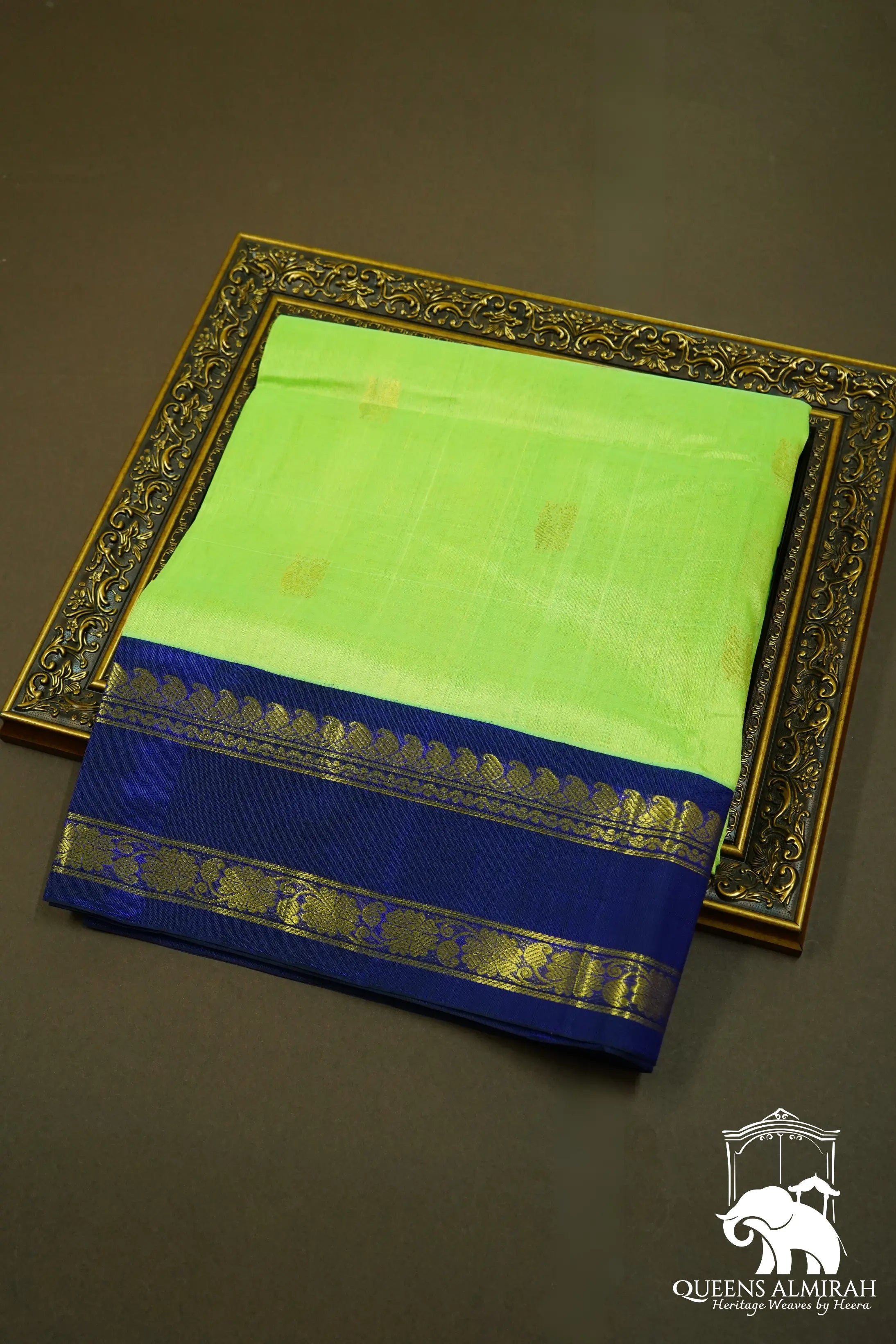PURE KANCHI SILK COTTON - LIGHT OLIVE GREEN WITH FERN FROND - Queens Jewel Emporium