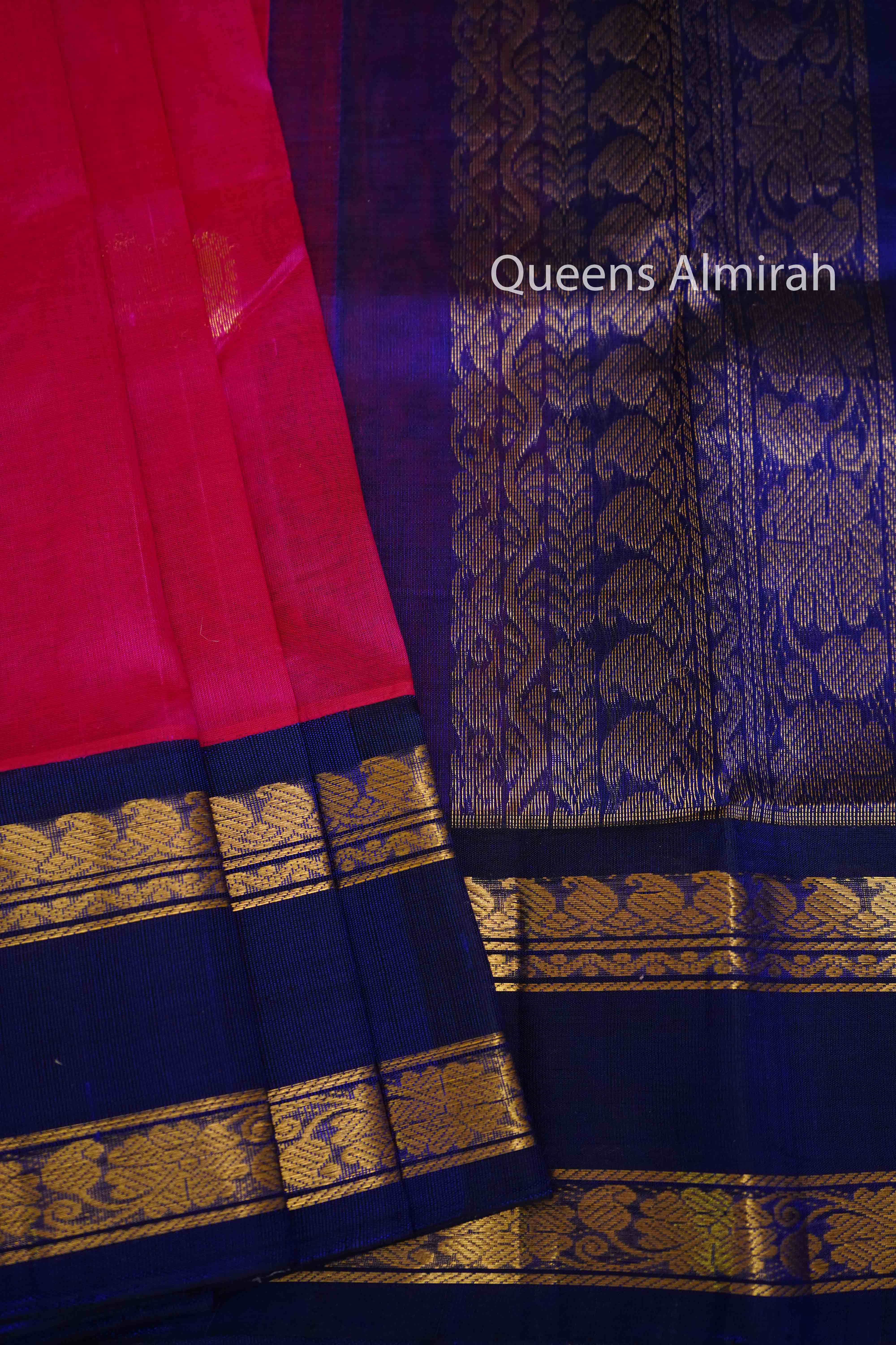 PURE KANCHI SILK COTTON - MAGENTA WITH PERSIAN INDIGO - Queens Jewel Emporium