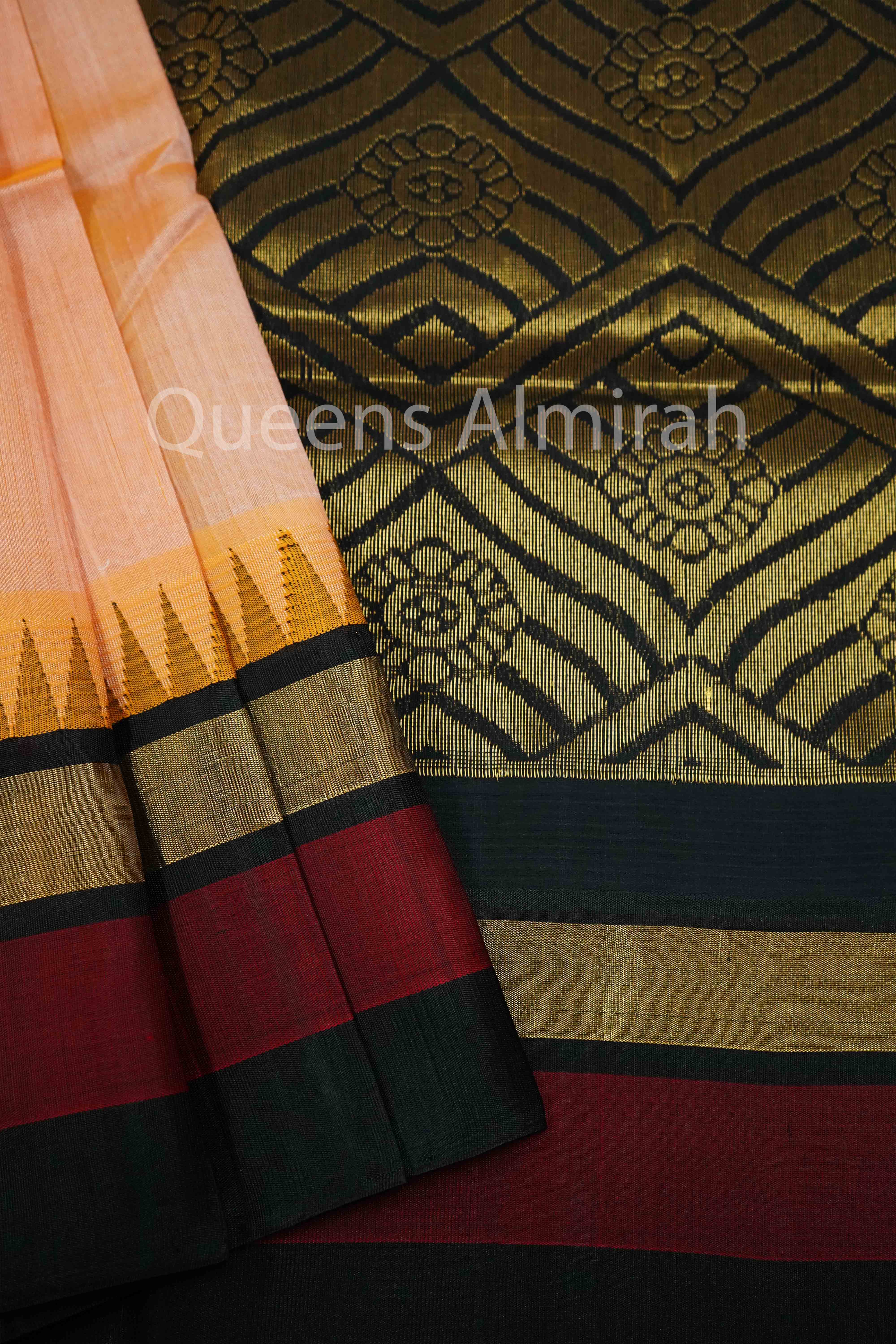 PURE KANCHI SILK COTTON - PALE ROSE WITH BLACK - Queens Jewel Emporium