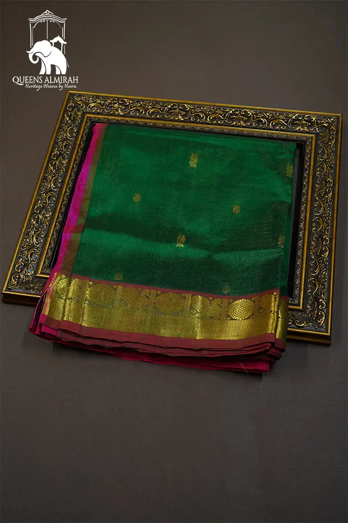 PURE KANCHI SILK COTTON - PINE GREEN WITH BOYSENBERRY - Queens Jewel Emporium