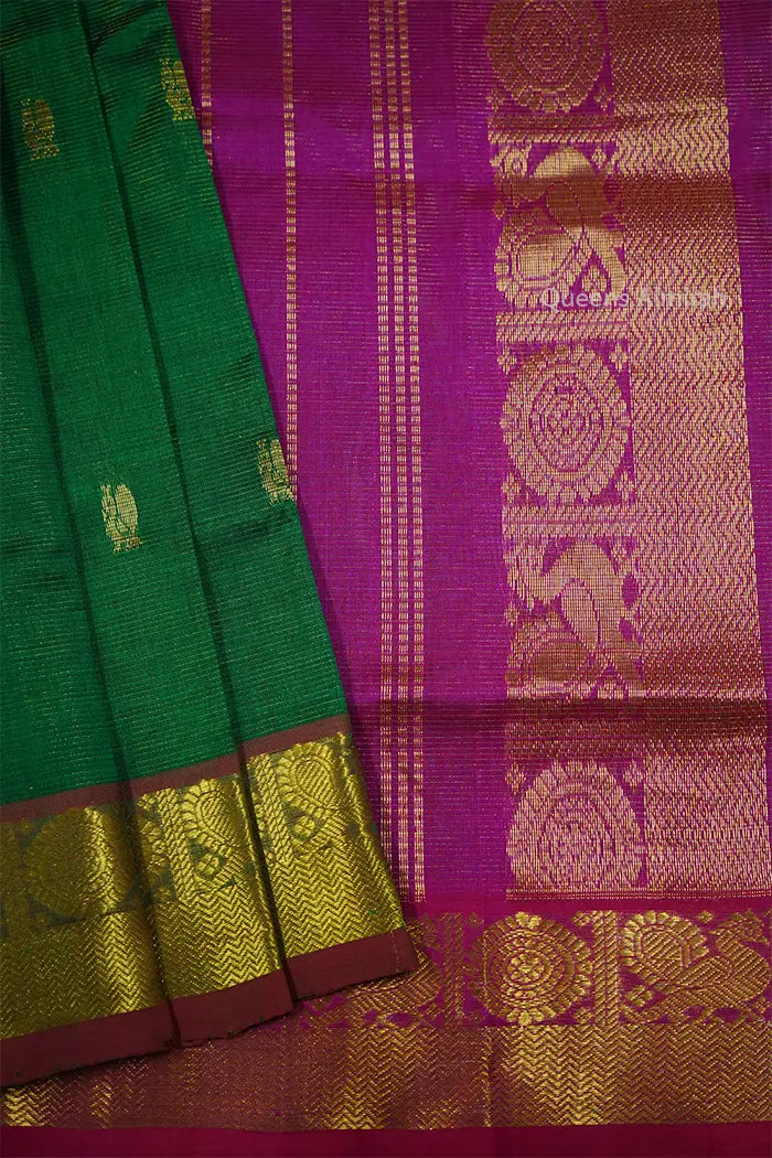 PURE KANCHI SILK COTTON - PINE GREEN WITH BOYSENBERRY - Queens Jewel Emporium