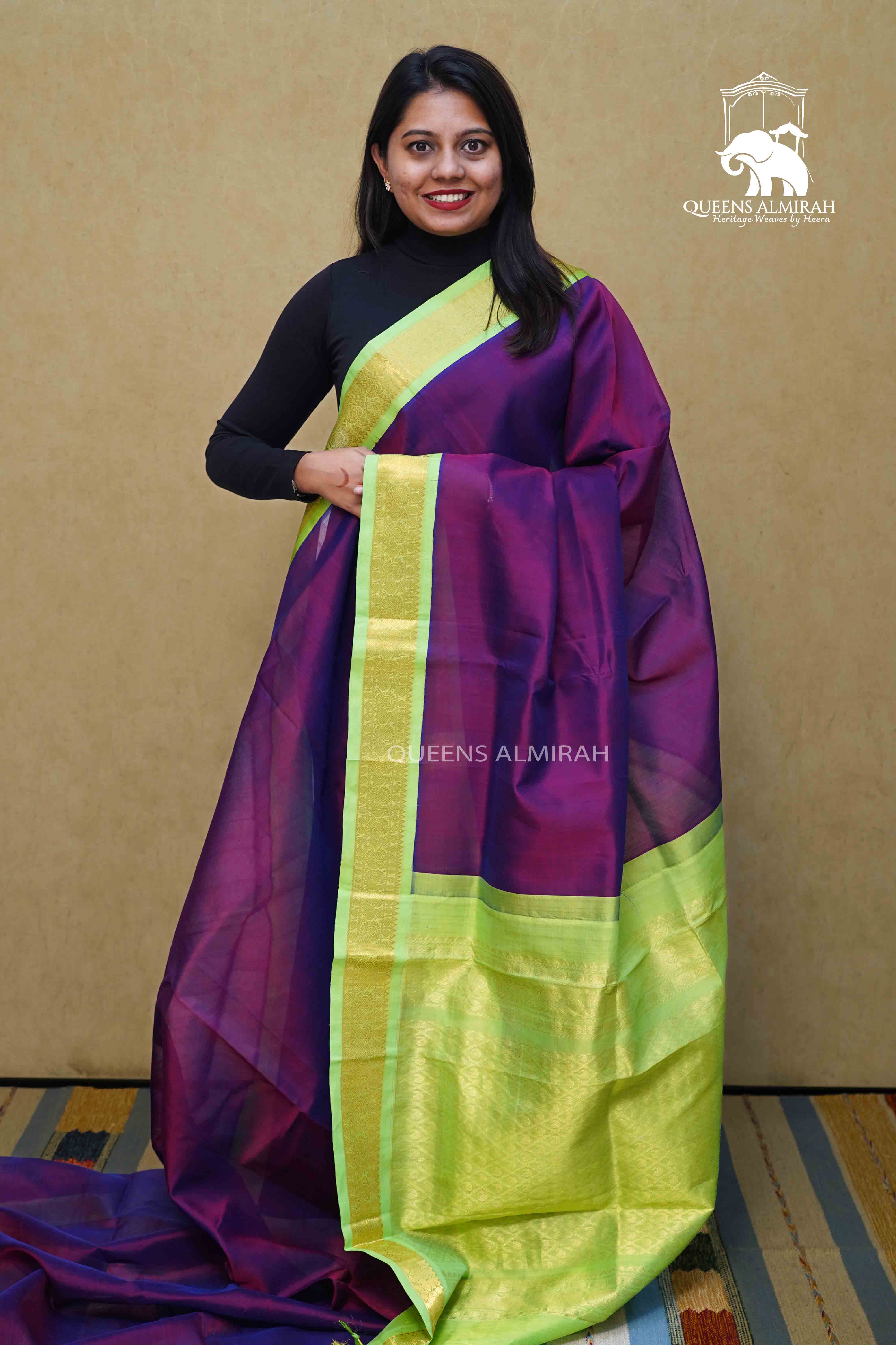 PURE KANCHI SILK COTTON -PLUM PURPLE WITH OLIVE GREEN - Queens Jewel Emporium
