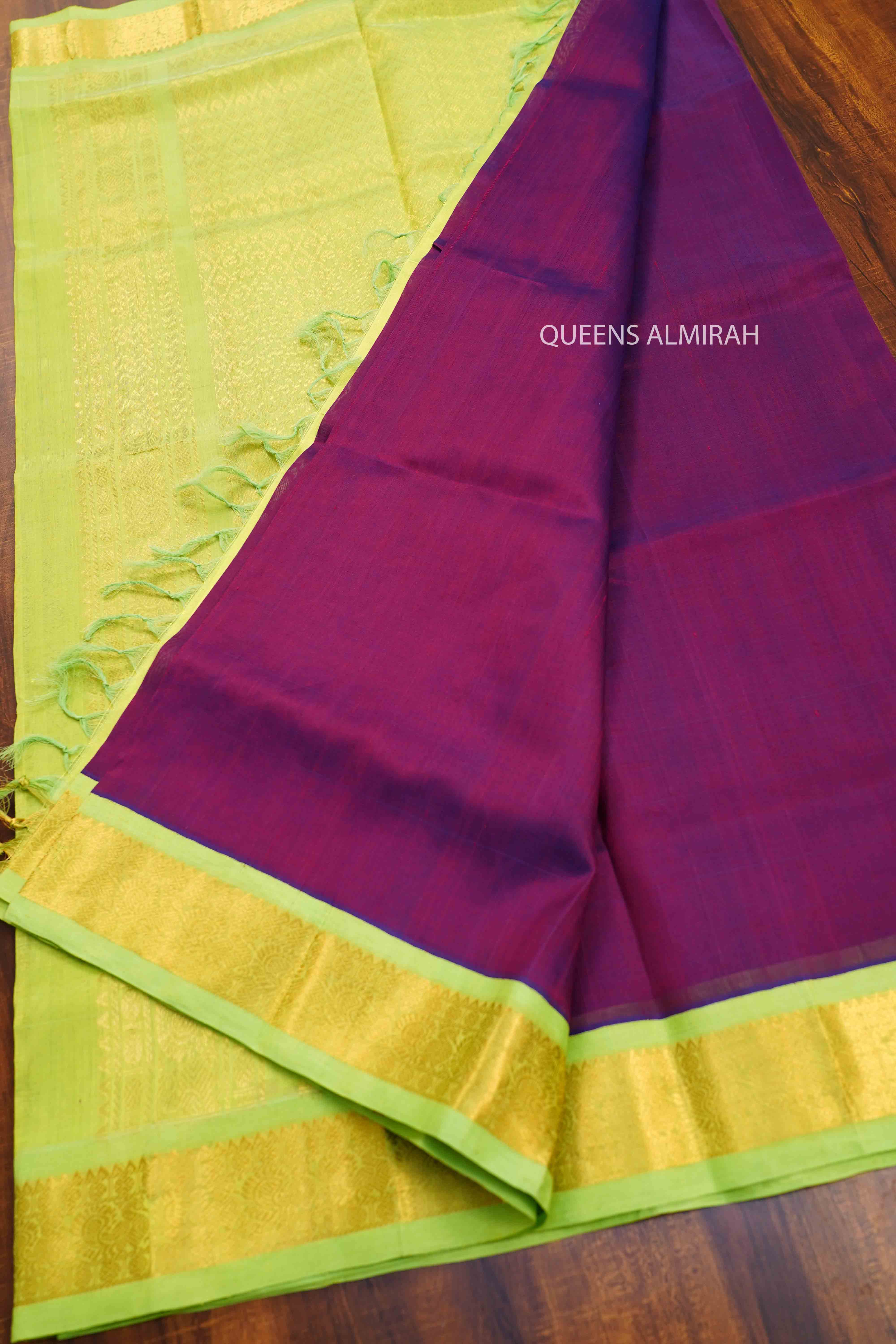 PURE KANCHI SILK COTTON -PLUM PURPLE WITH OLIVE GREEN - Queens Jewel Emporium