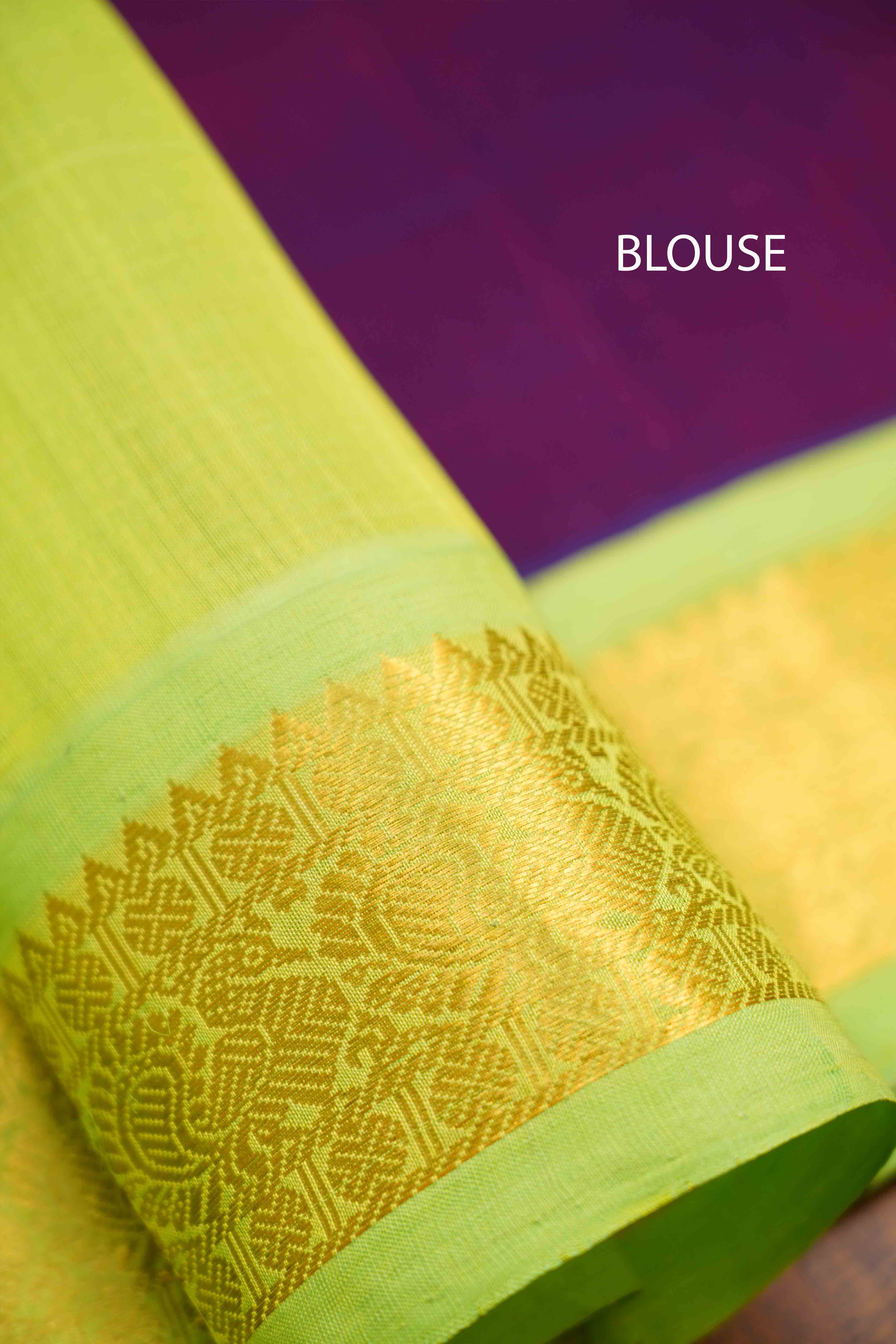 PURE KANCHI SILK COTTON -PLUM PURPLE WITH OLIVE GREEN - Queens Jewel Emporium