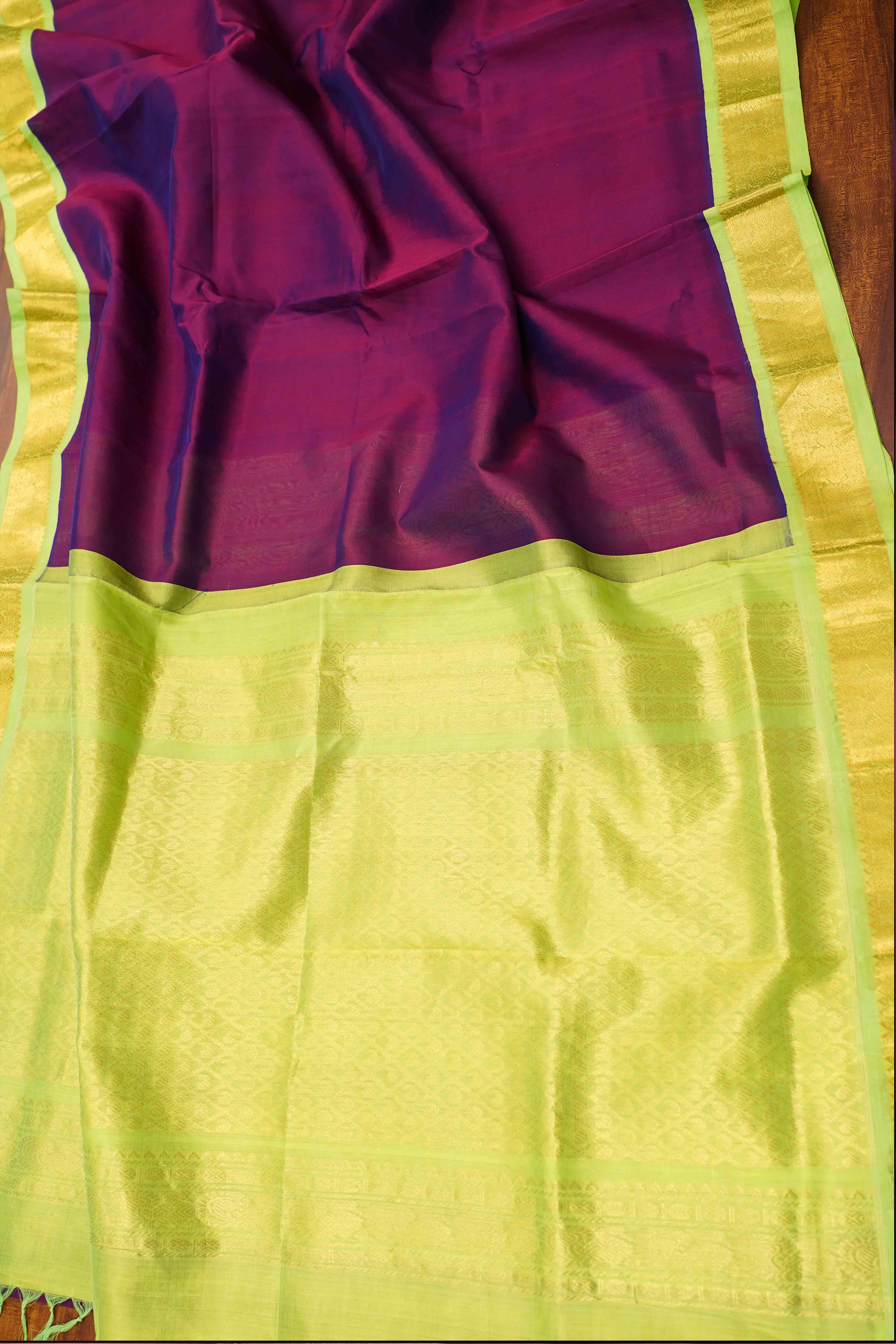PURE KANCHI SILK COTTON -PLUM PURPLE WITH OLIVE GREEN - Queens Jewel Emporium