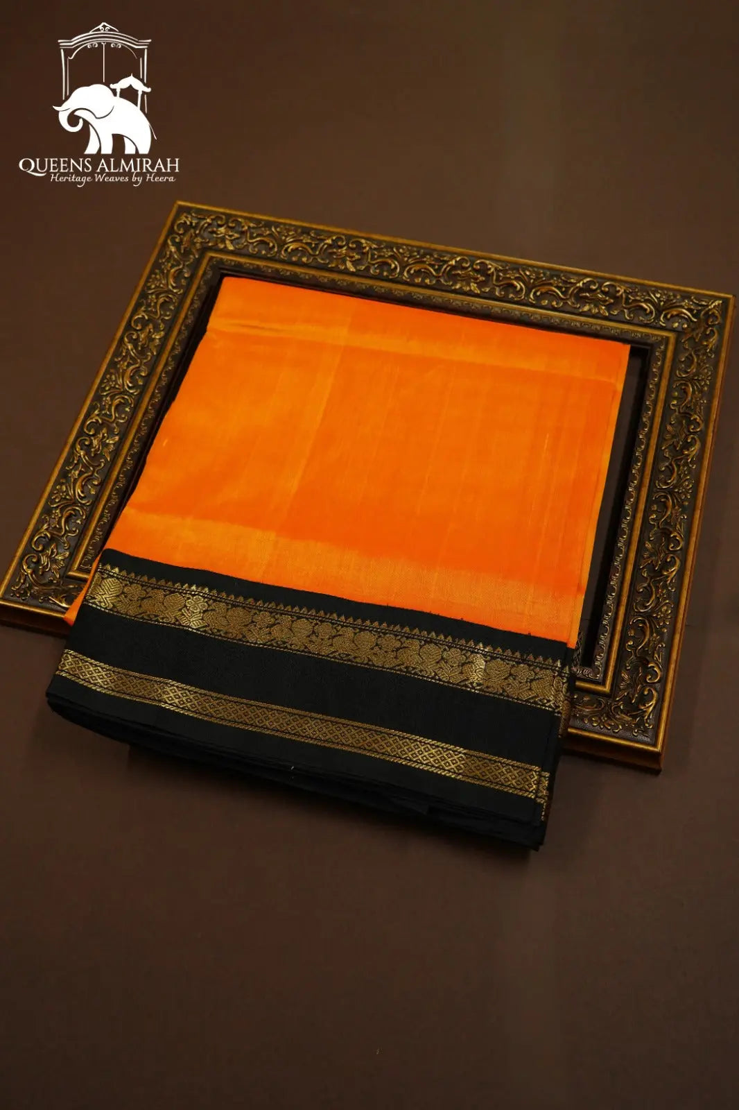 PURE KANCHI SILK COTTON -PUMPKIN ORANGE WITH BLACK BERRY - Queens Jewel Emporium