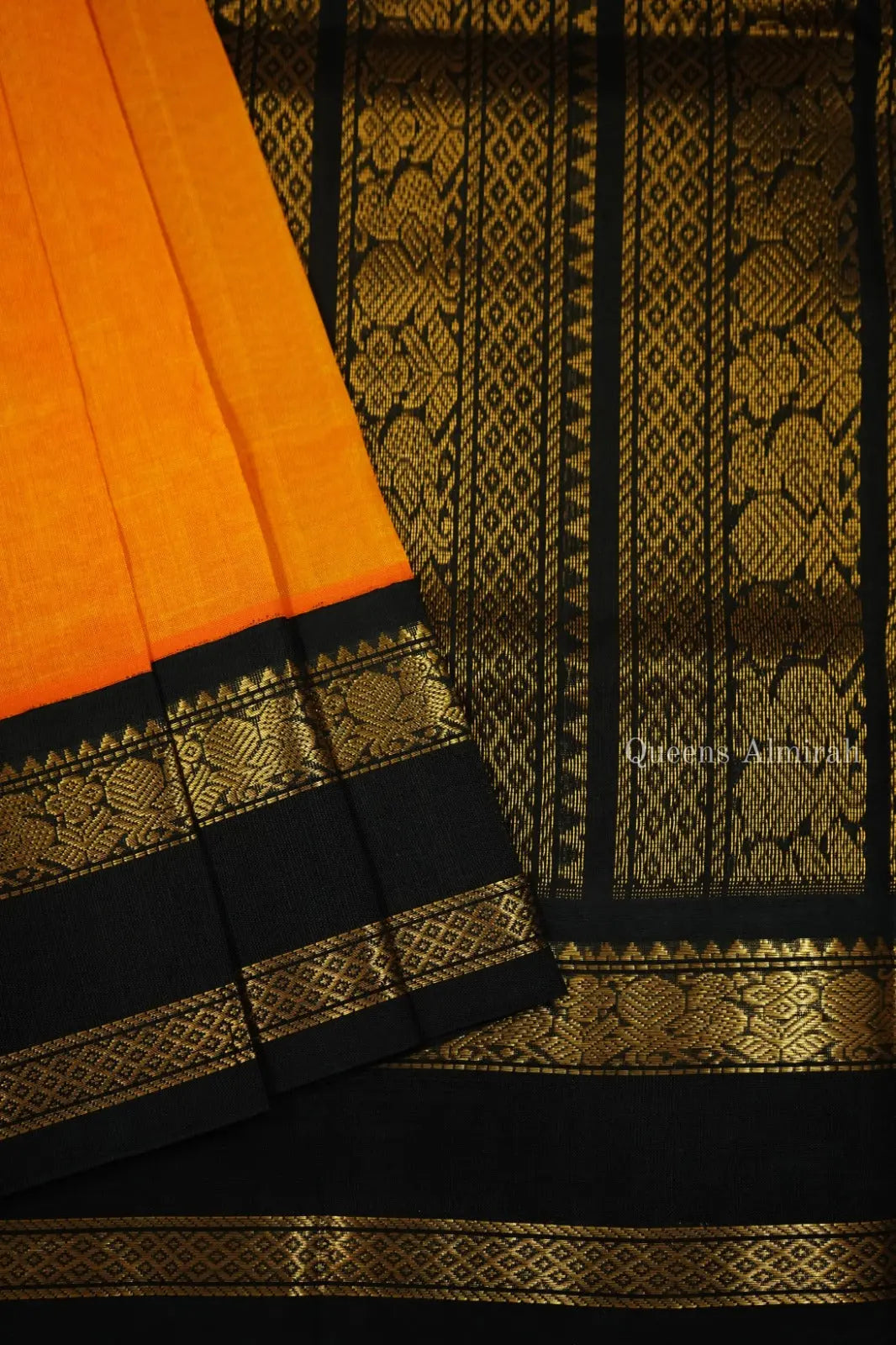 PURE KANCHI SILK COTTON -PUMPKIN ORANGE WITH BLACK BERRY - Queens Jewel Emporium