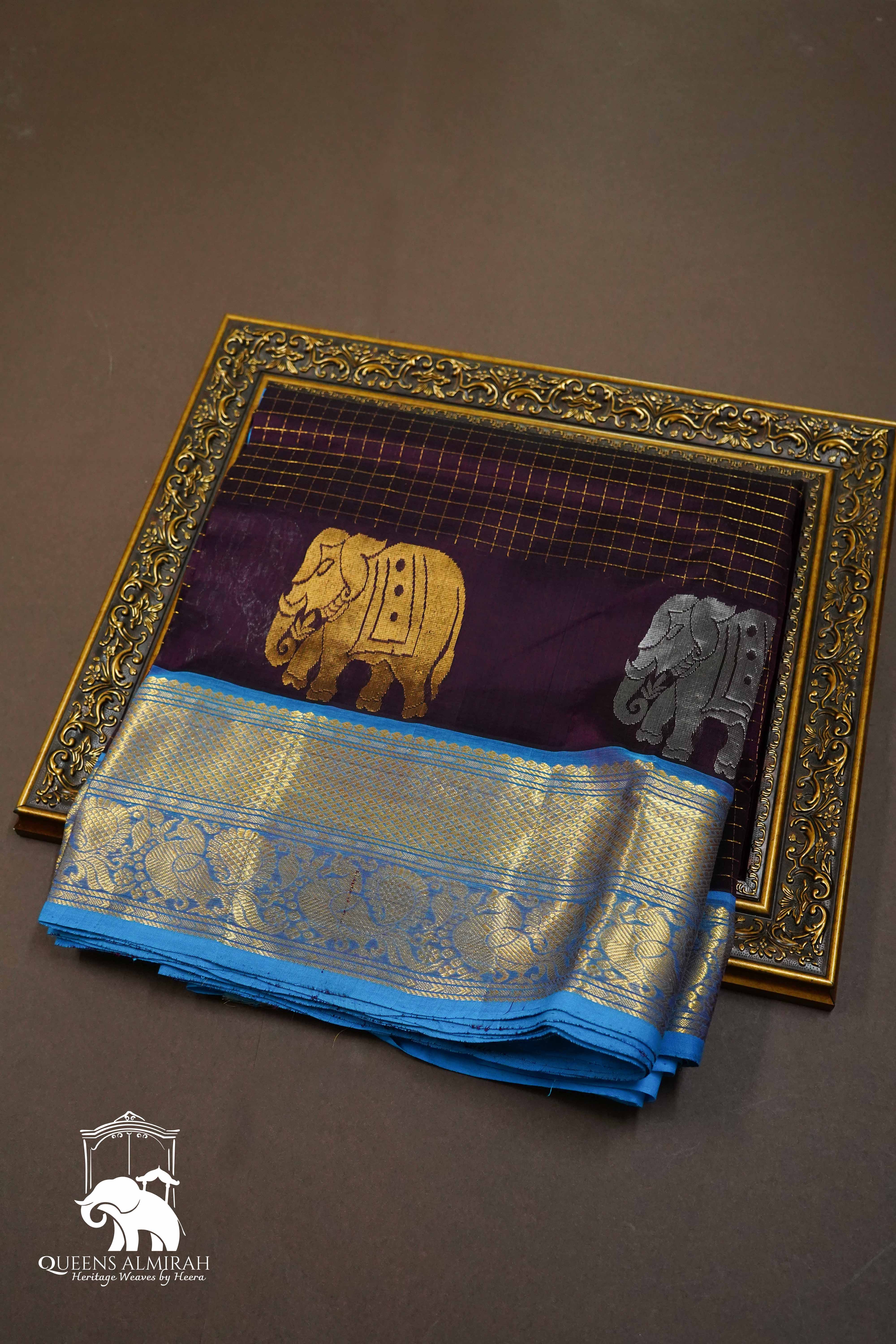 PURE KANCHI SILK COTTON- PURPLE BROWN WITH AQUA BLUE - Queens Jewel Emporium