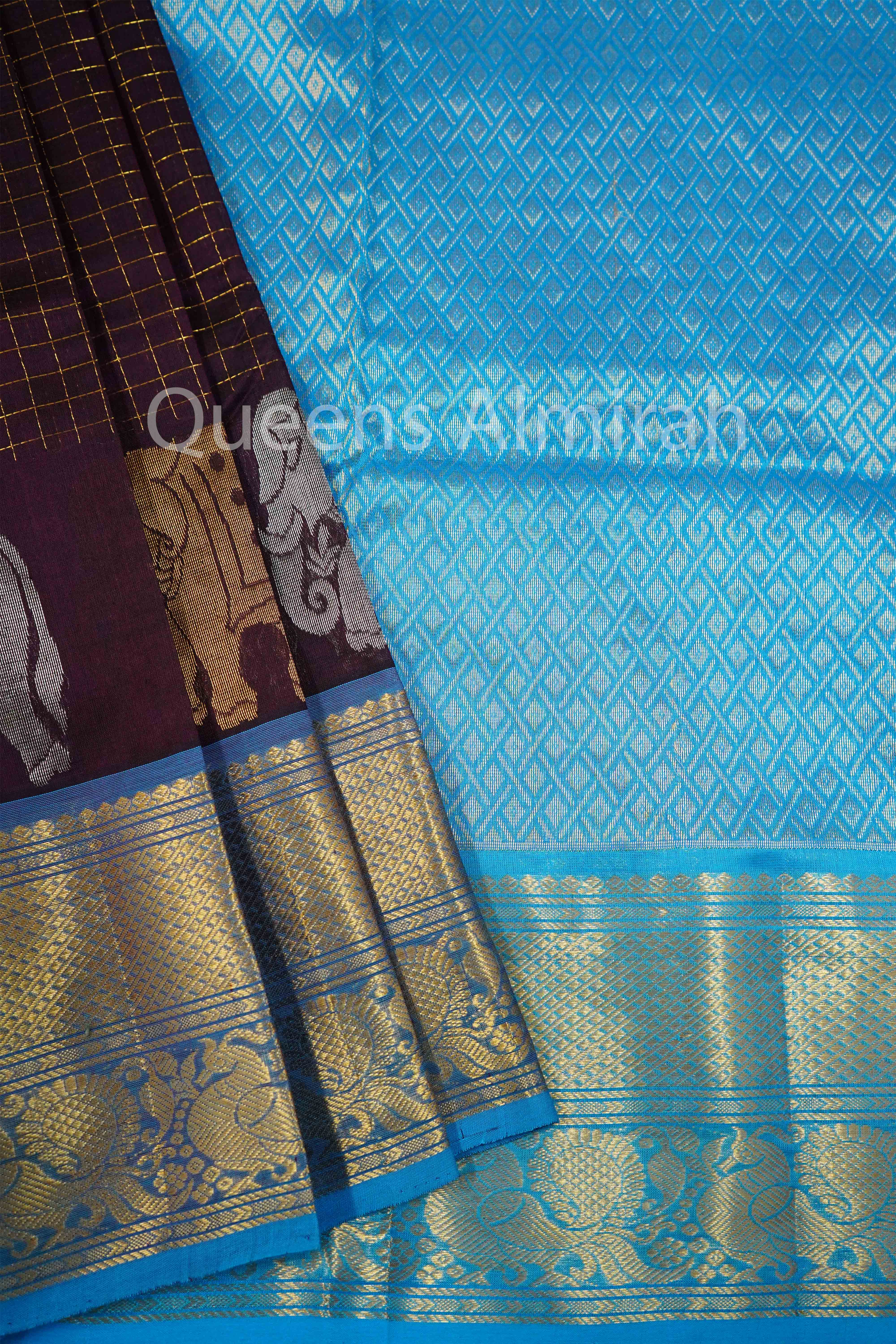 PURE KANCHI SILK COTTON- PURPLE BROWN WITH AQUA BLUE - Queens Jewel Emporium