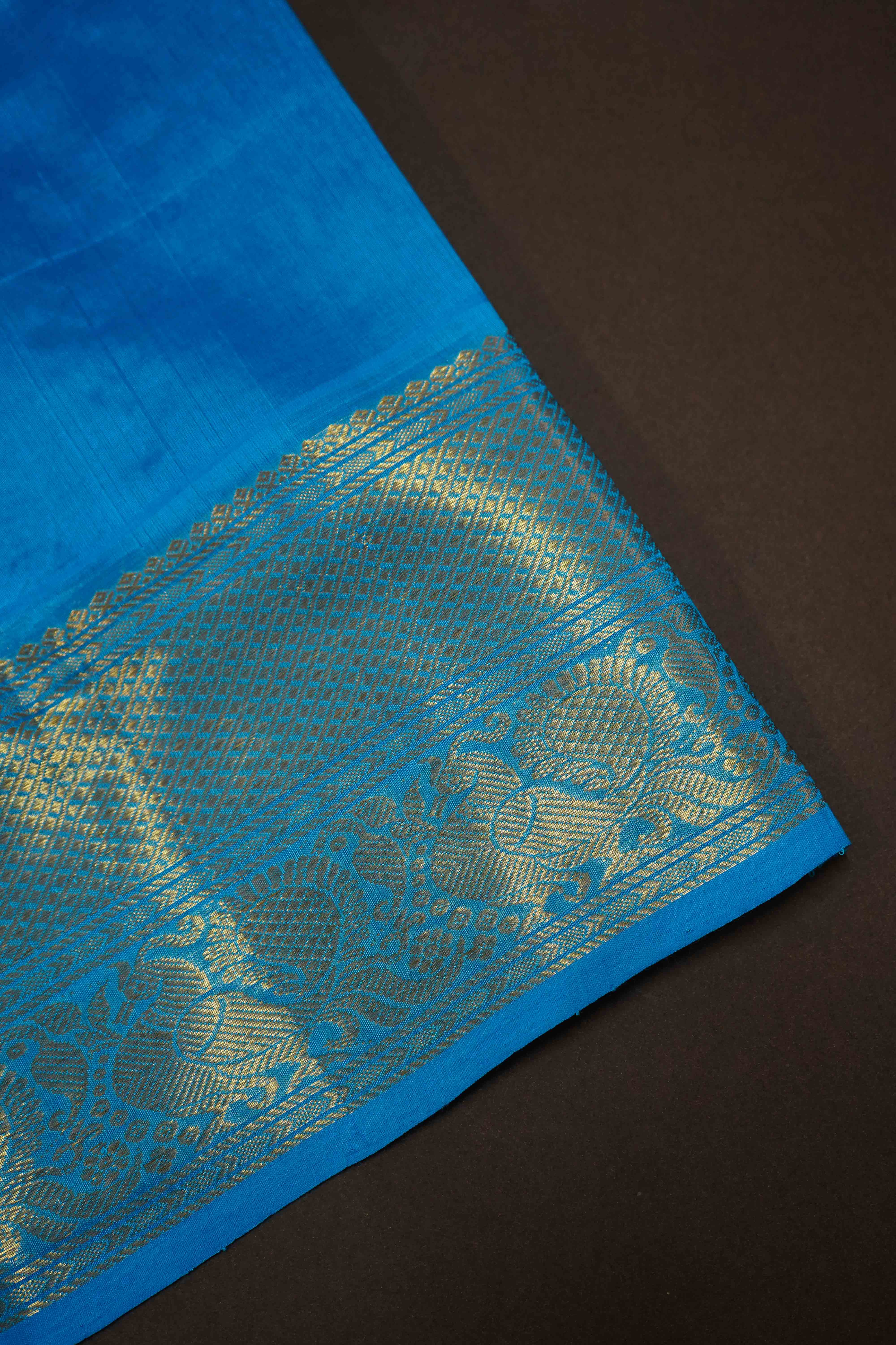 PURE KANCHI SILK COTTON- PURPLE BROWN WITH AQUA BLUE - Queens Jewel Emporium