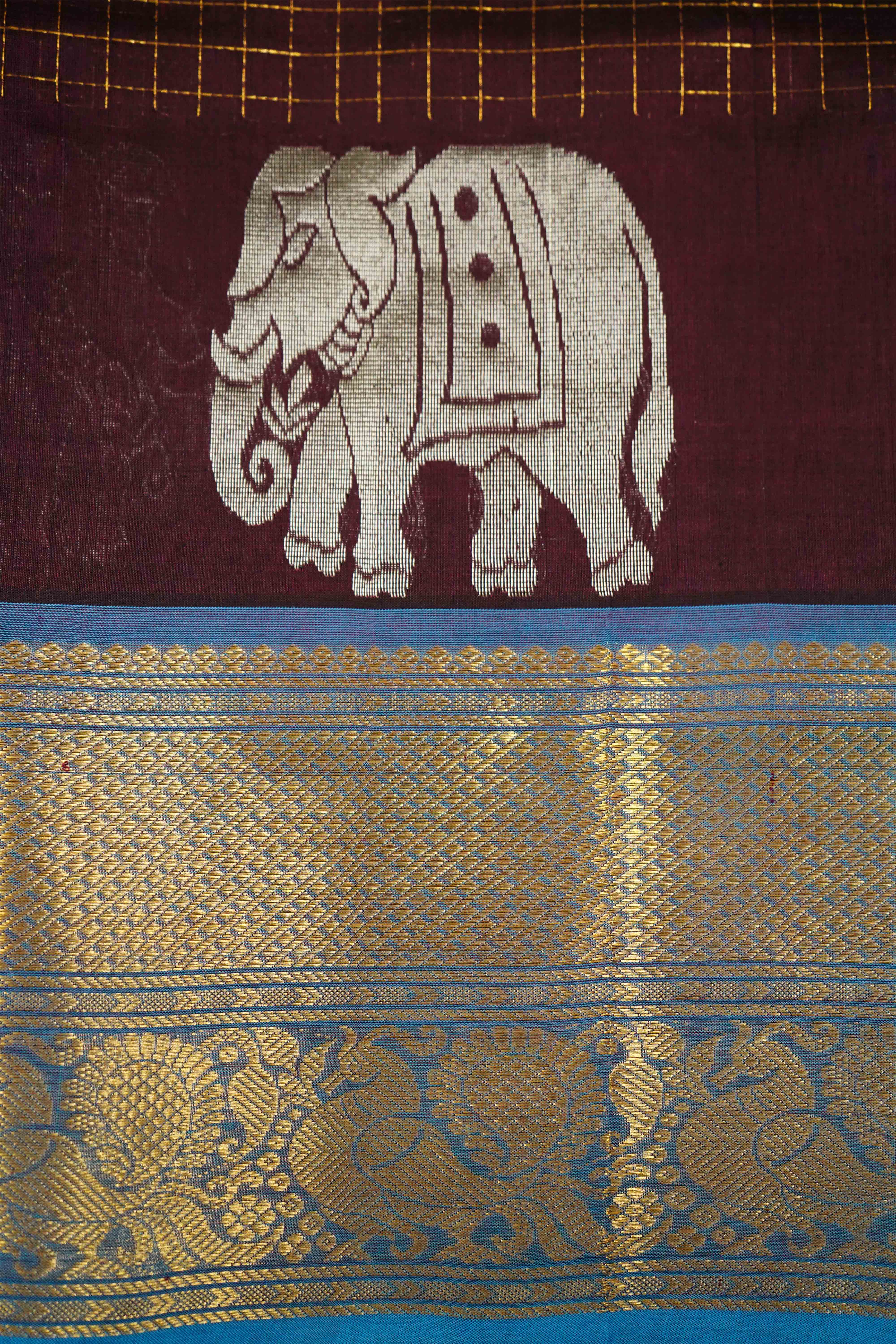 PURE KANCHI SILK COTTON- PURPLE BROWN WITH AQUA BLUE - Queens Jewel Emporium