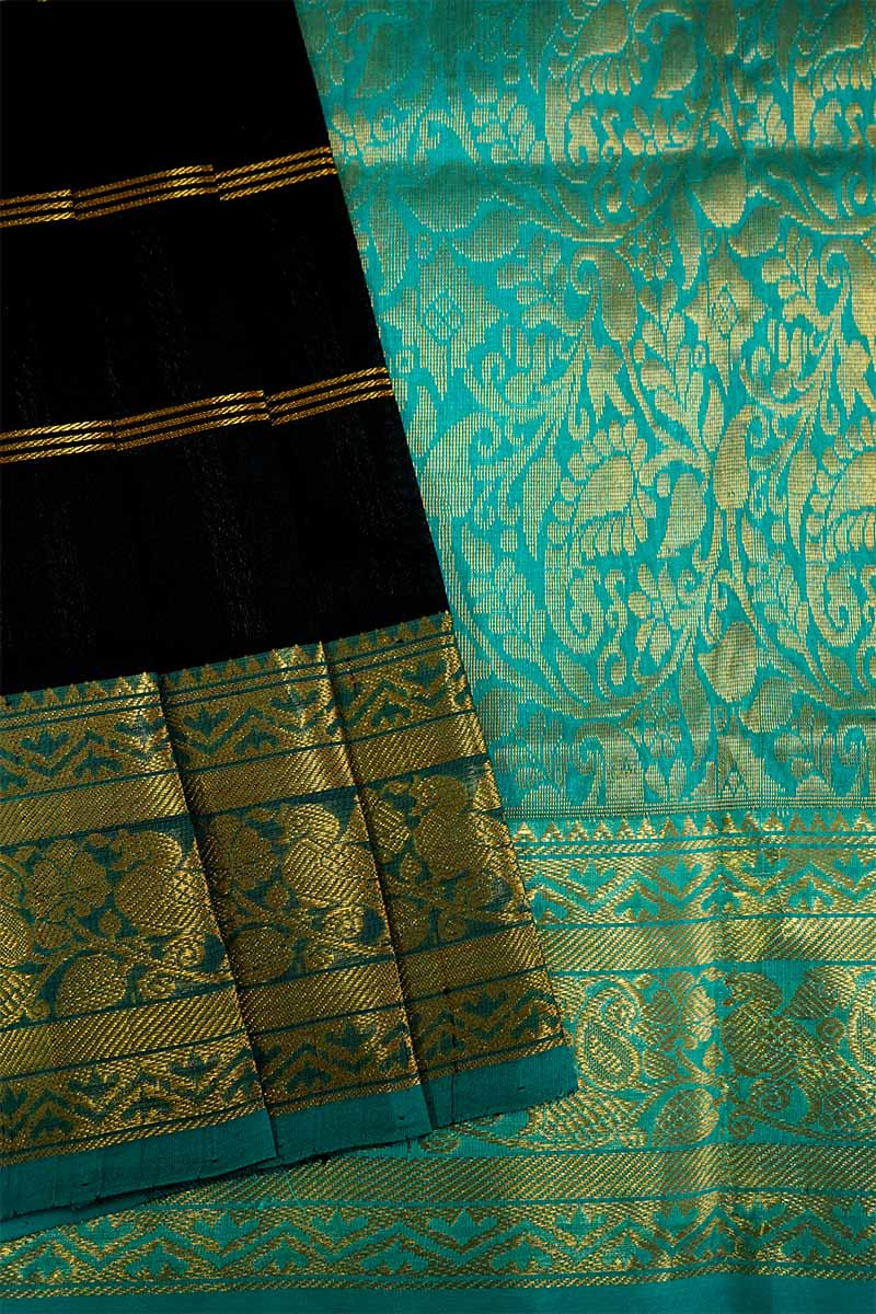 PURE KANCHI SILK COTTON - RICH BLACK WITH TEAL BLUE - Queens Jewel Emporium