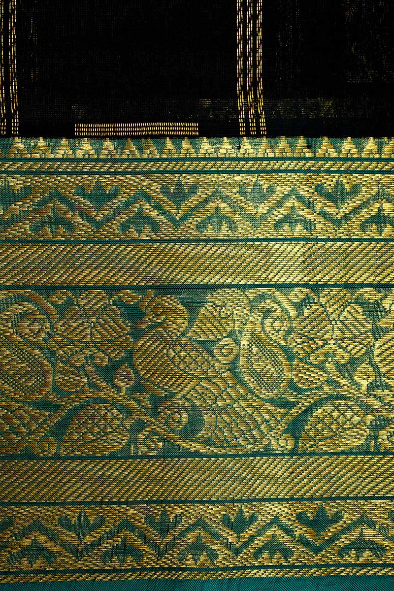 PURE KANCHI SILK COTTON - RICH BLACK WITH TEAL BLUE - Queens Jewel Emporium