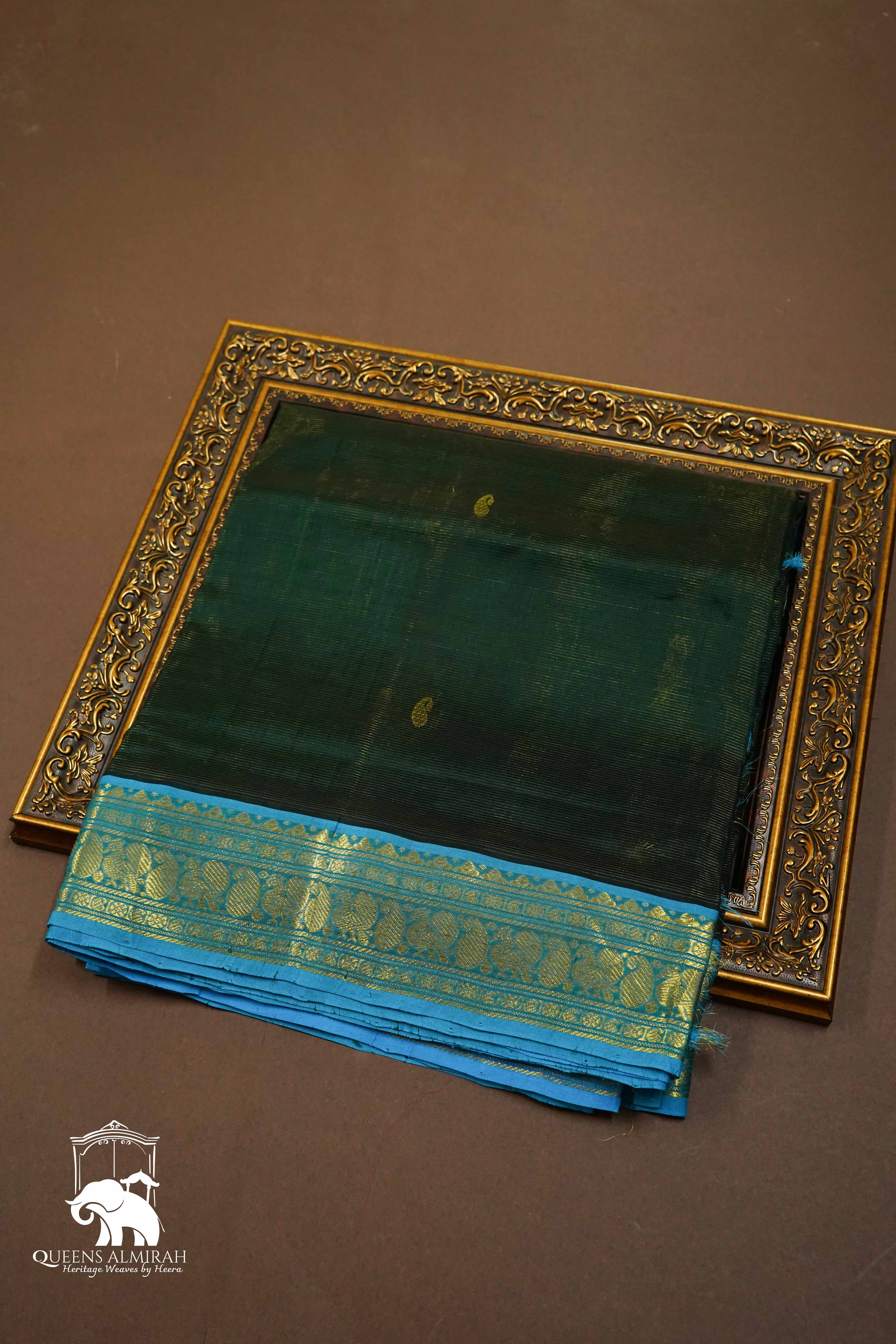 PURE KANCHI SILK COTTON-SPRINGE LEAVES WITH PEACOCK BLUE VAIRA OOSI SAREE - Queens Jewel Emporium