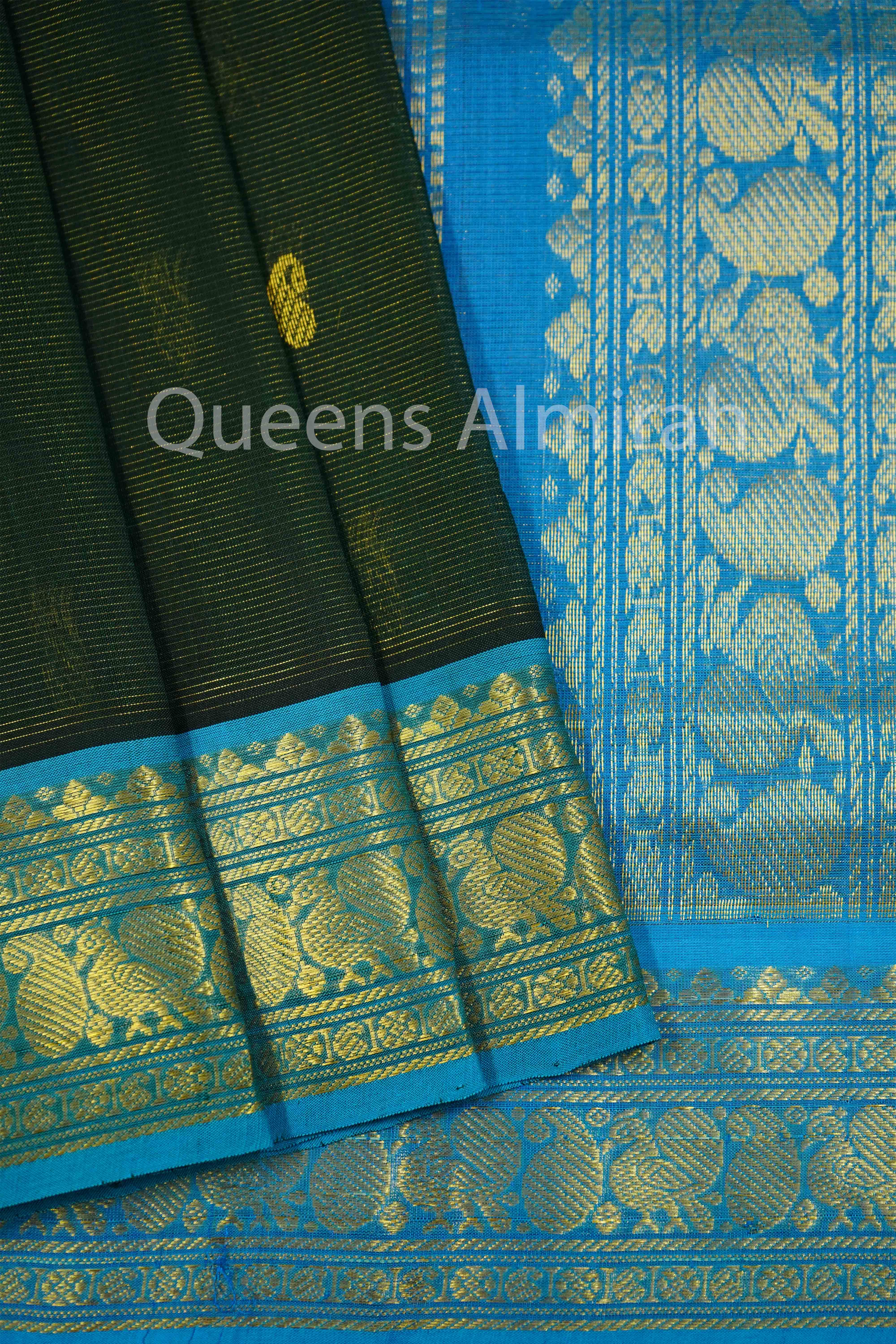 PURE KANCHI SILK COTTON-SPRINGE LEAVES WITH PEACOCK BLUE VAIRA OOSI SAREE - Queens Jewel Emporium