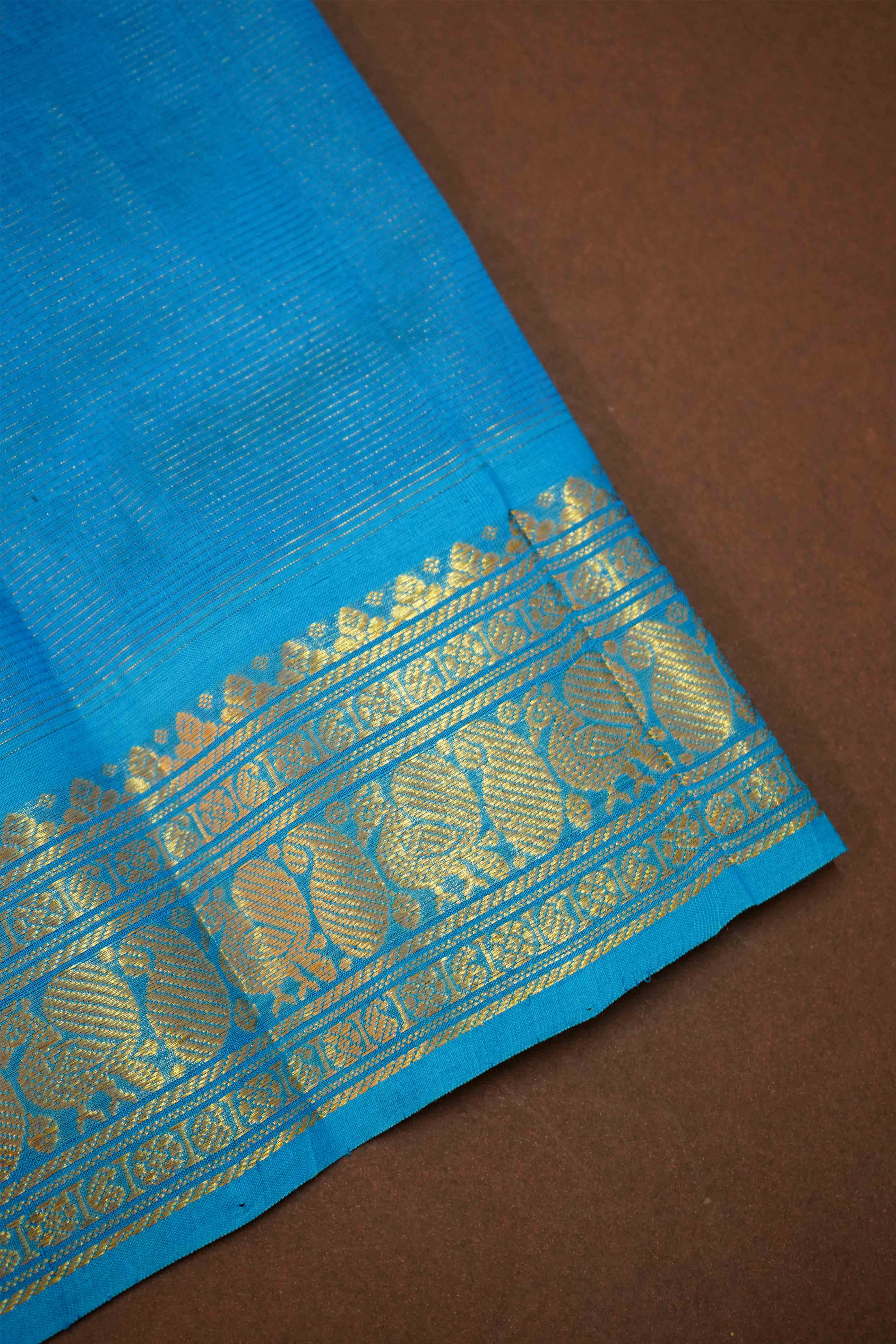 PURE KANCHI SILK COTTON-SPRINGE LEAVES WITH PEACOCK BLUE VAIRA OOSI SAREE - Queens Jewel Emporium
