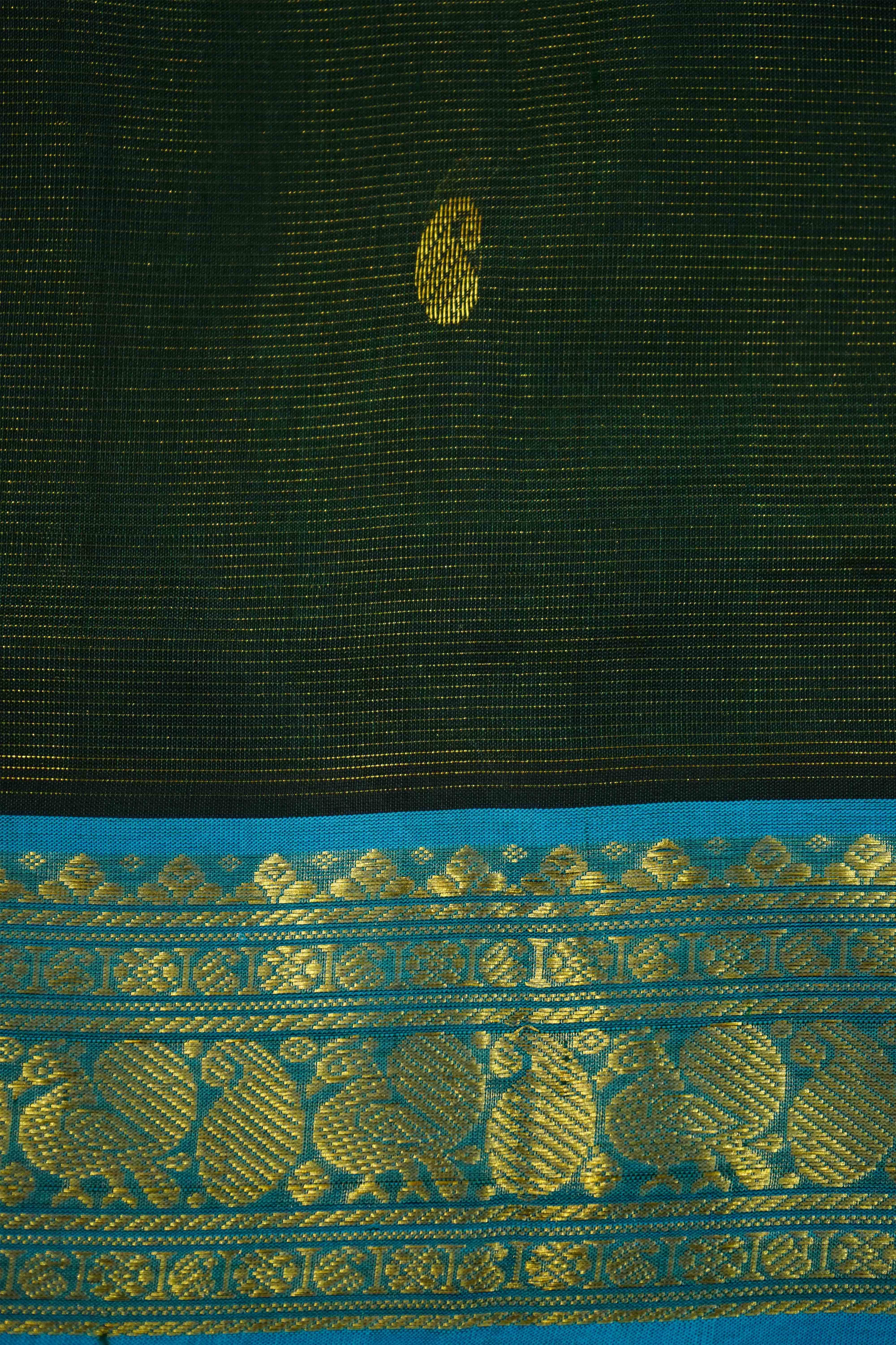 PURE KANCHI SILK COTTON-SPRINGE LEAVES WITH PEACOCK BLUE VAIRA OOSI SAREE - Queens Jewel Emporium