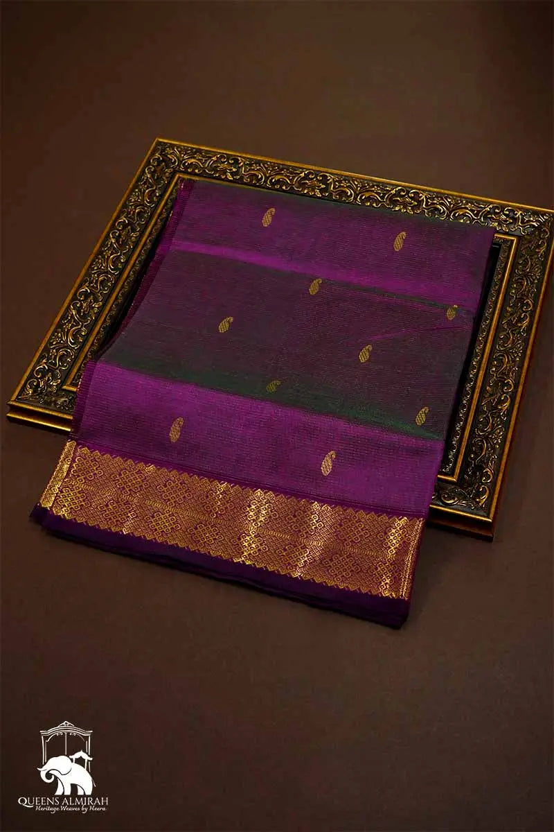 PURE KANCHI SILK COTTON  - VAIRA OOSI DEEP PURPLE SELF BORDER - Queens Jewel Emporium