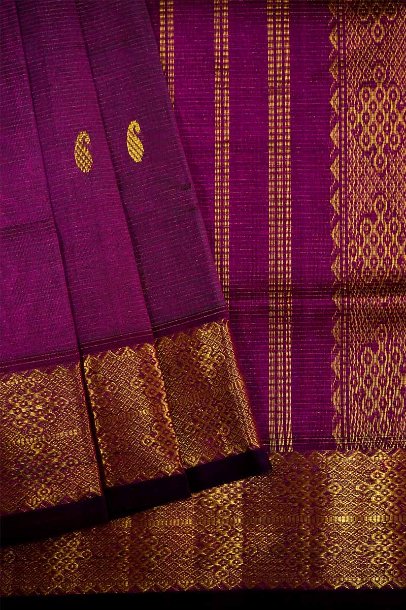 PURE KANCHI SILK COTTON  - VAIRA OOSI DEEP PURPLE SELF BORDER - Queens Jewel Emporium