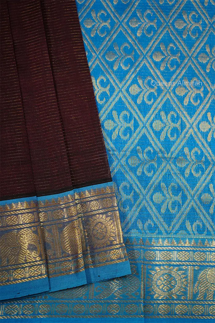 PURE KANCHI SILK COTTON - WINE BERRY WITH WATER BLUE - Queens Jewel Emporium