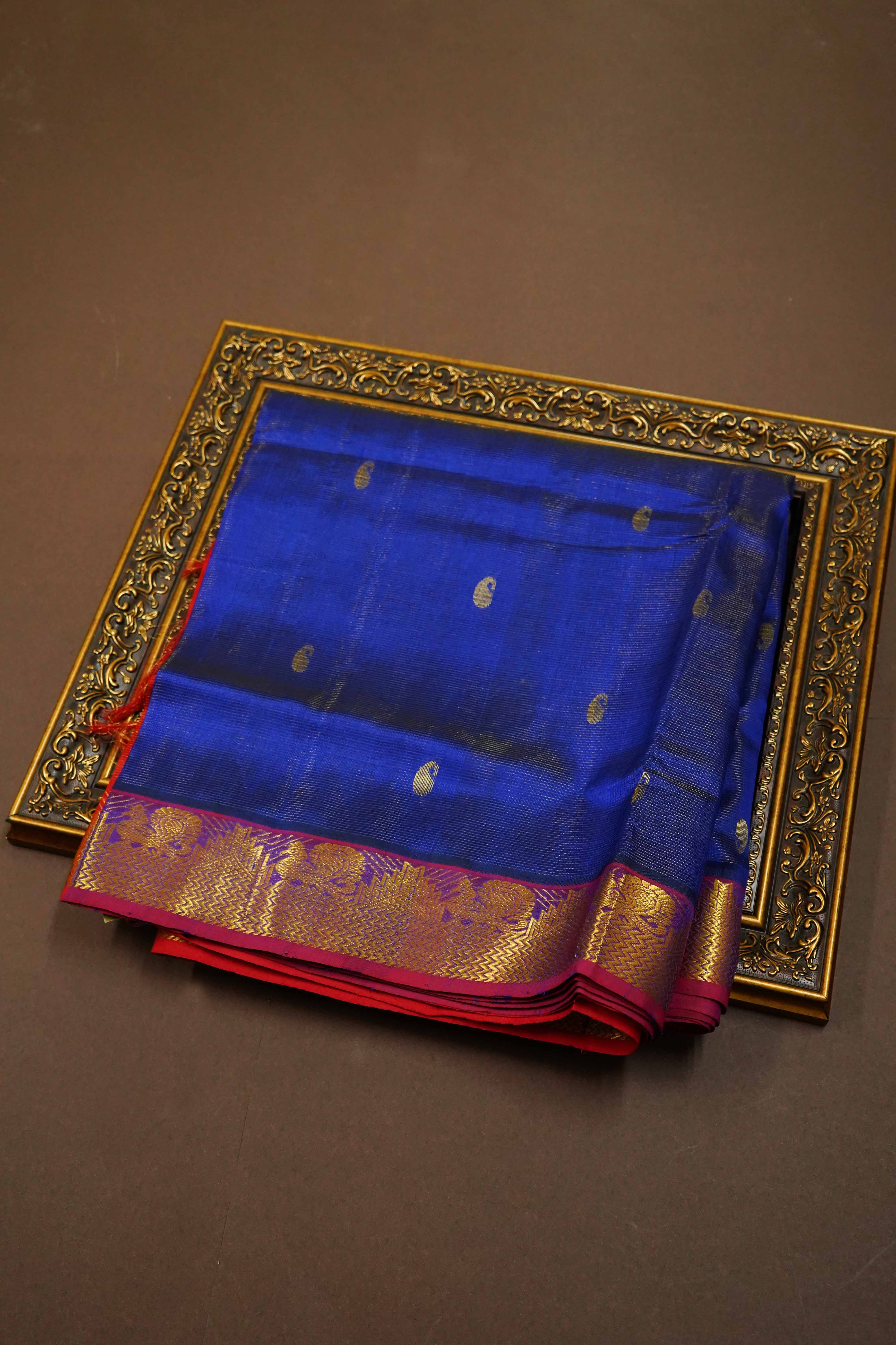 PURE SILK COTTON -BLUE ORCHID WITH RED DAISY VAIRA OOSI SAREE - Queens Jewel Emporium
