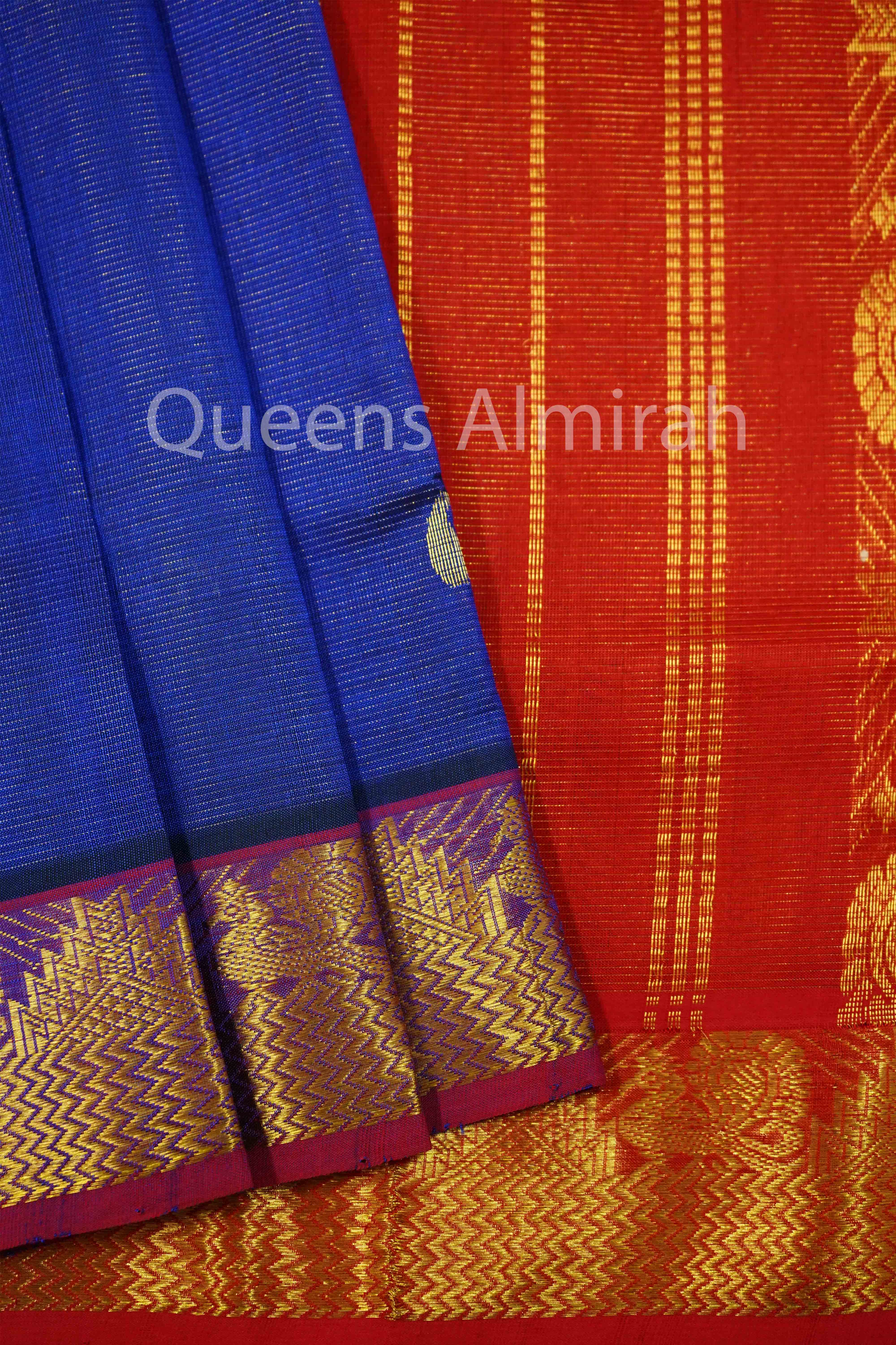 PURE SILK COTTON -BLUE ORCHID WITH RED DAISY VAIRA OOSI SAREE - Queens Jewel Emporium