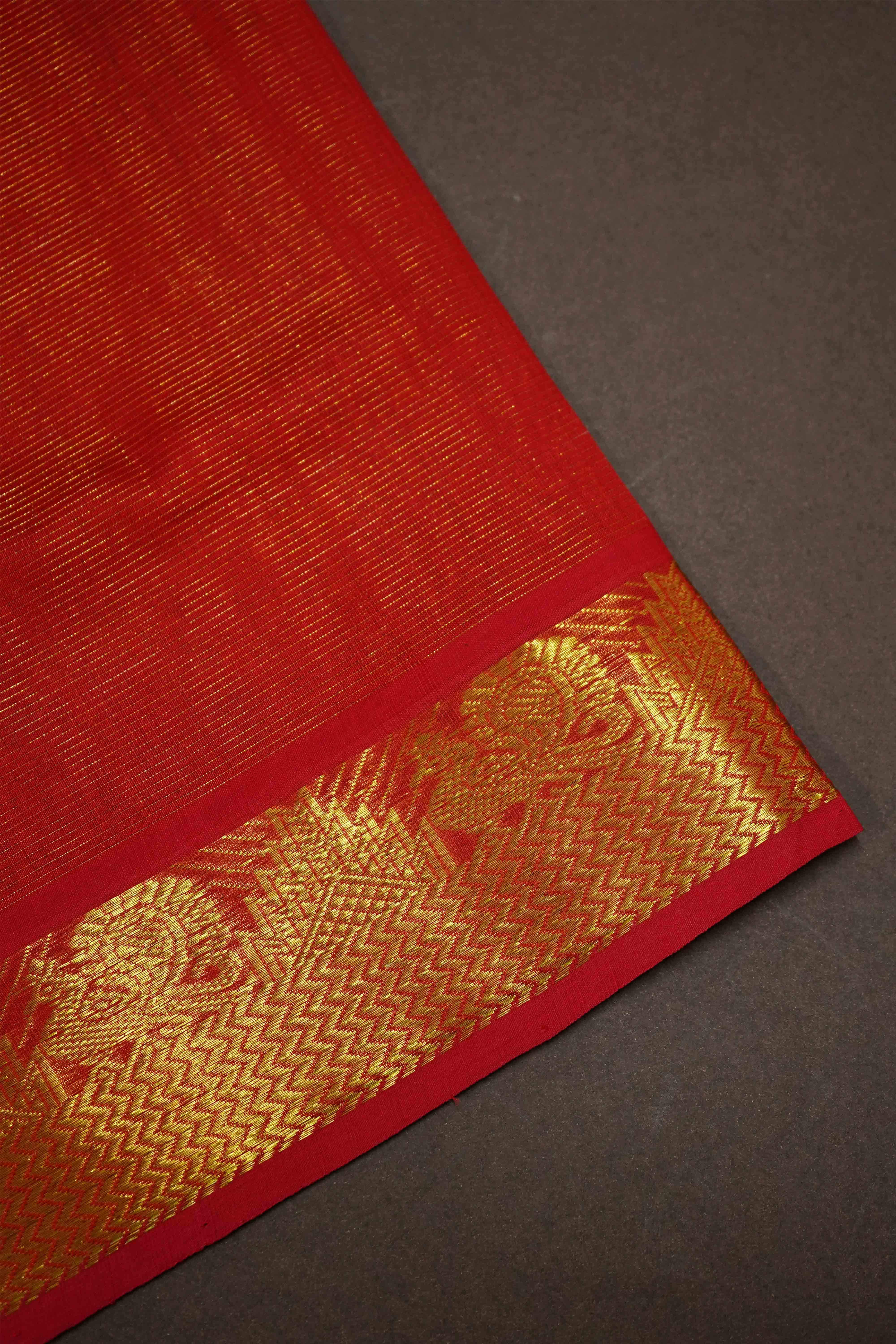 PURE SILK COTTON -BLUE ORCHID WITH RED DAISY VAIRA OOSI SAREE - Queens Jewel Emporium