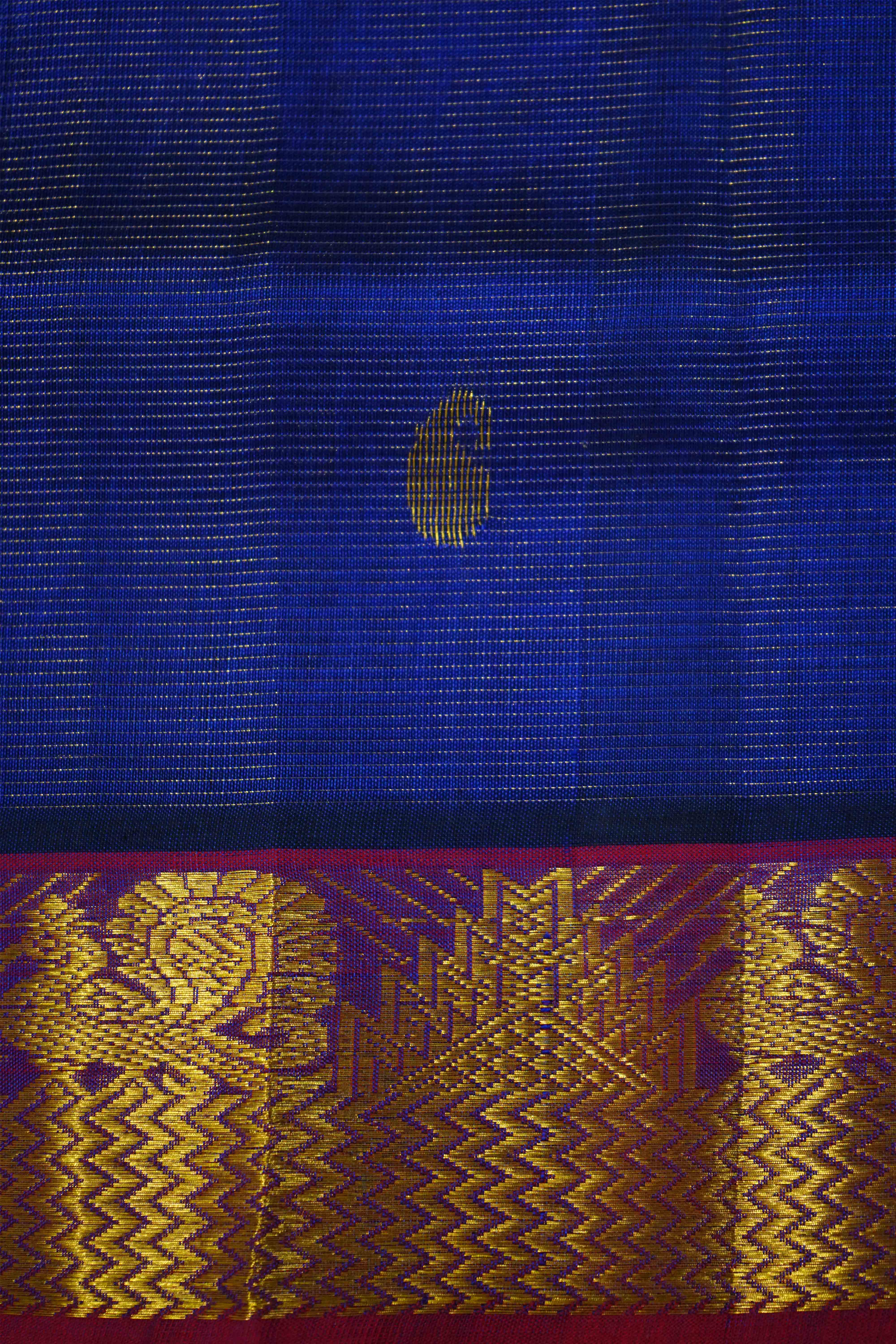 PURE SILK COTTON -BLUE ORCHID WITH RED DAISY VAIRA OOSI SAREE - Queens Jewel Emporium