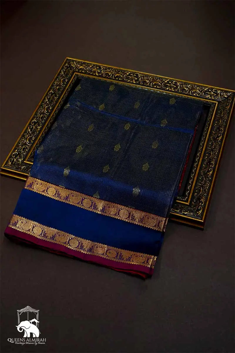 PURE SILK COTTON - NAVY BLUE WITH RED VAIRA OOSI GRAND BORDER - Queens Jewel Emporium