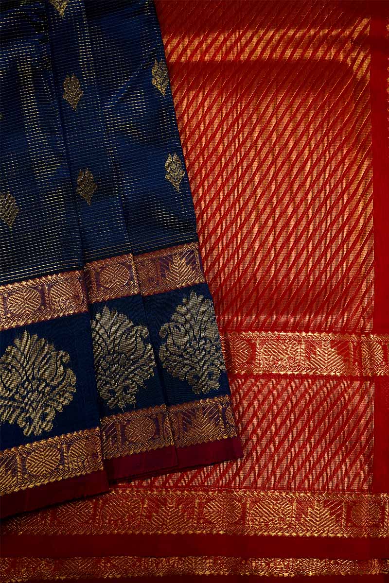 PURE SILK COTTON - NAVY BLUE WITH RED VAIRA OOSI GRAND BORDER - Queens Jewel Emporium