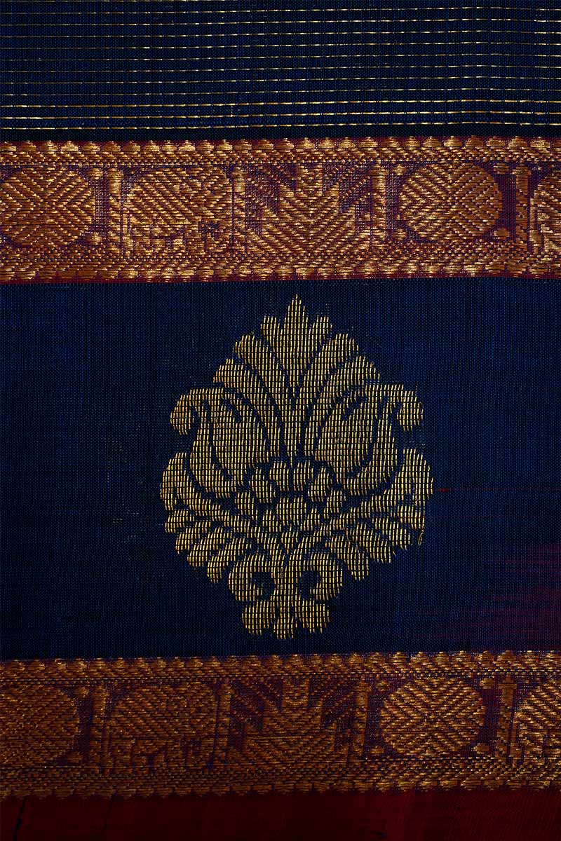 PURE SILK COTTON - NAVY BLUE WITH RED VAIRA OOSI GRAND BORDER - Queens Jewel Emporium