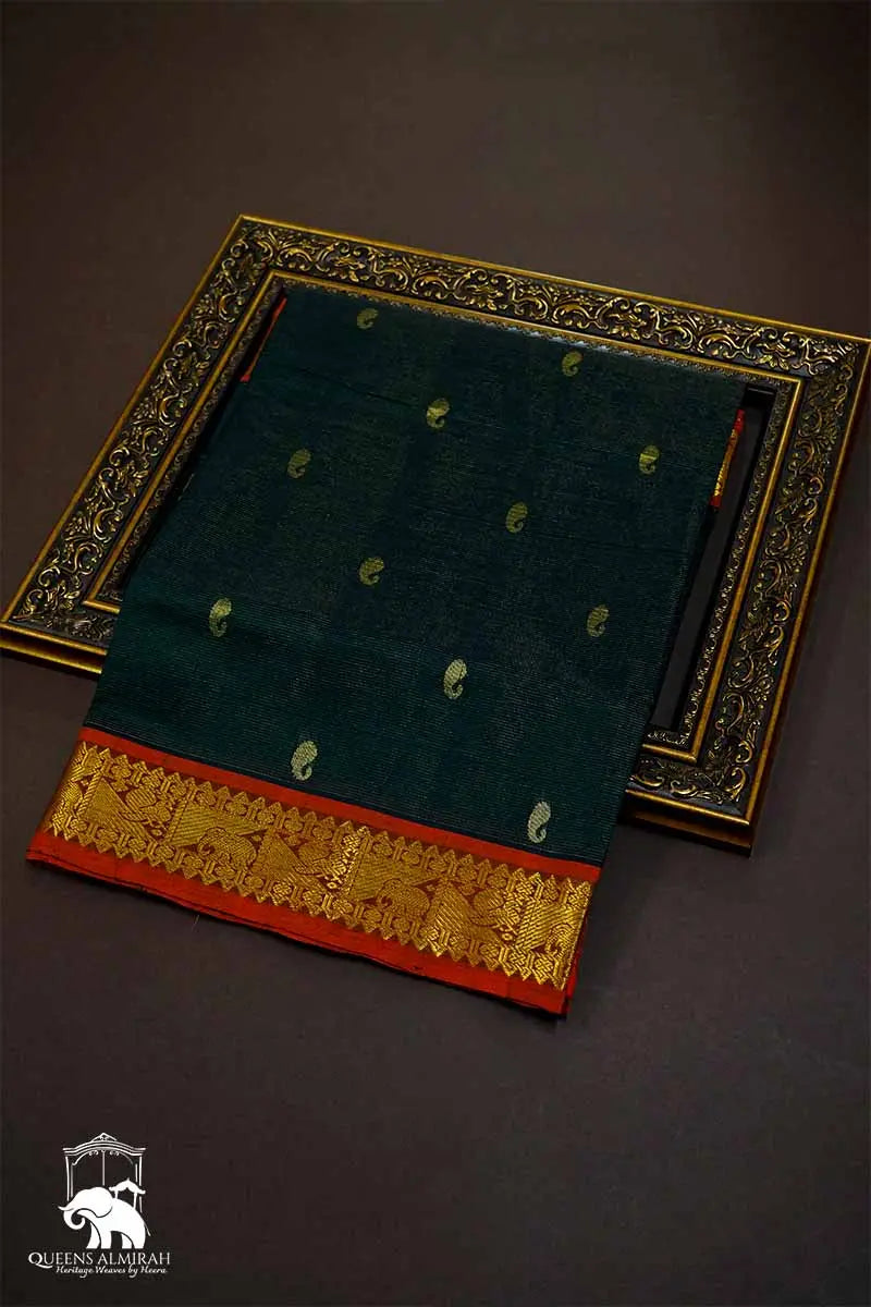 PURE SILK COTTON - PEACOCK BLUE WITH MUSTARD GRAND BORDER - Queens Jewel Emporium
