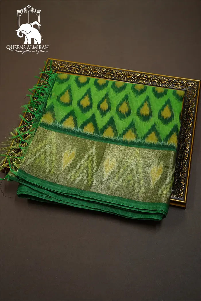PURE SILK COTTON SAREE - ALGAE GREEN WITH LEAF GREEN - Queens Jewel Emporium