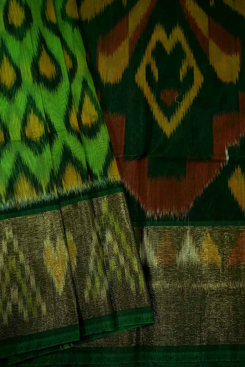 PURE SILK COTTON SAREE - ALGAE GREEN WITH LEAF GREEN - Queens Jewel Emporium