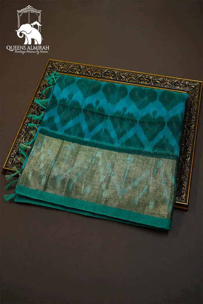 PURE SILK COTTON SAREE - TEAL GREEN WITH LEAF GREEN - Queens Jewel Emporium