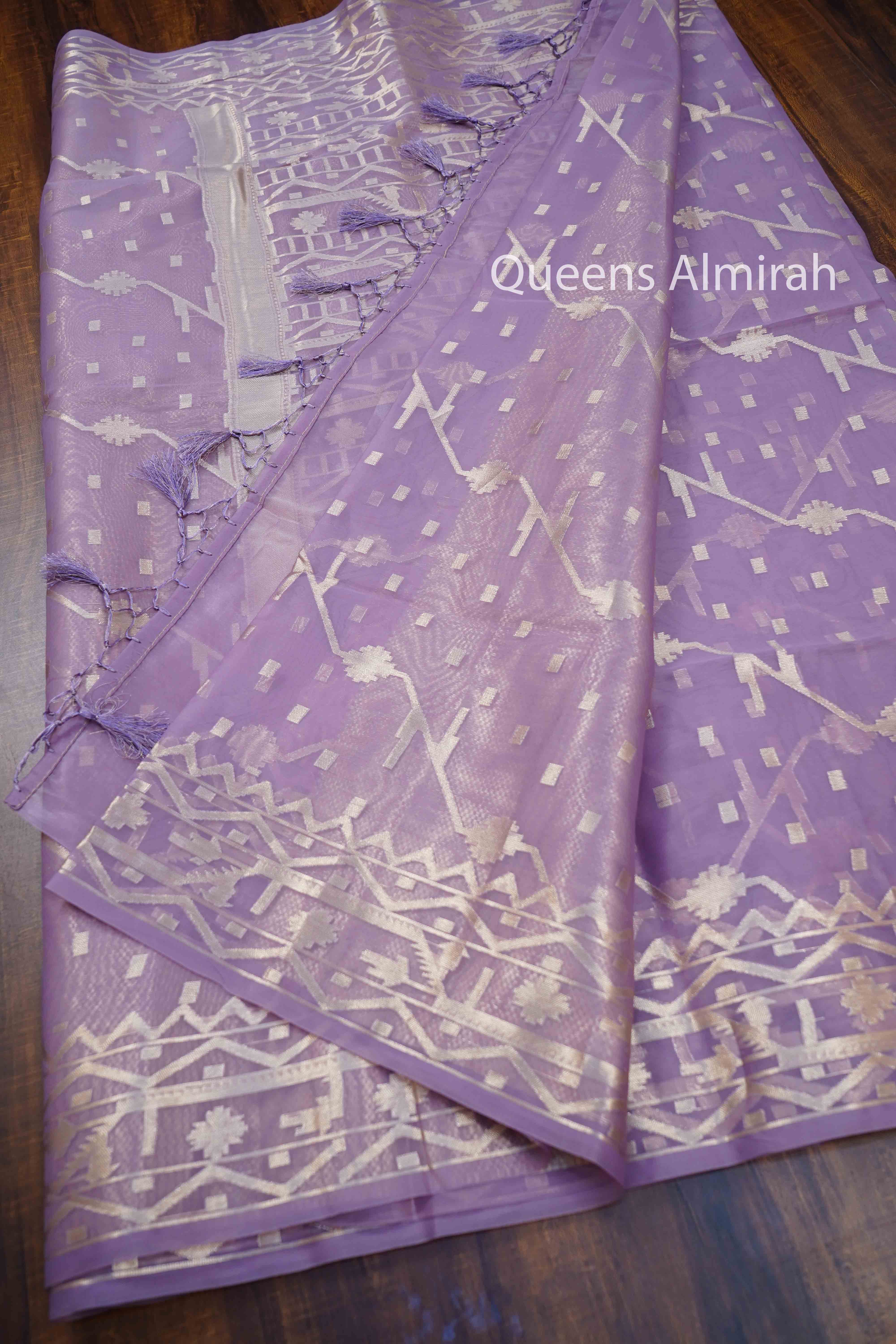 PURPLE GREY MUSLIN JAMDANI SAREE - Queens Jewel Emporium