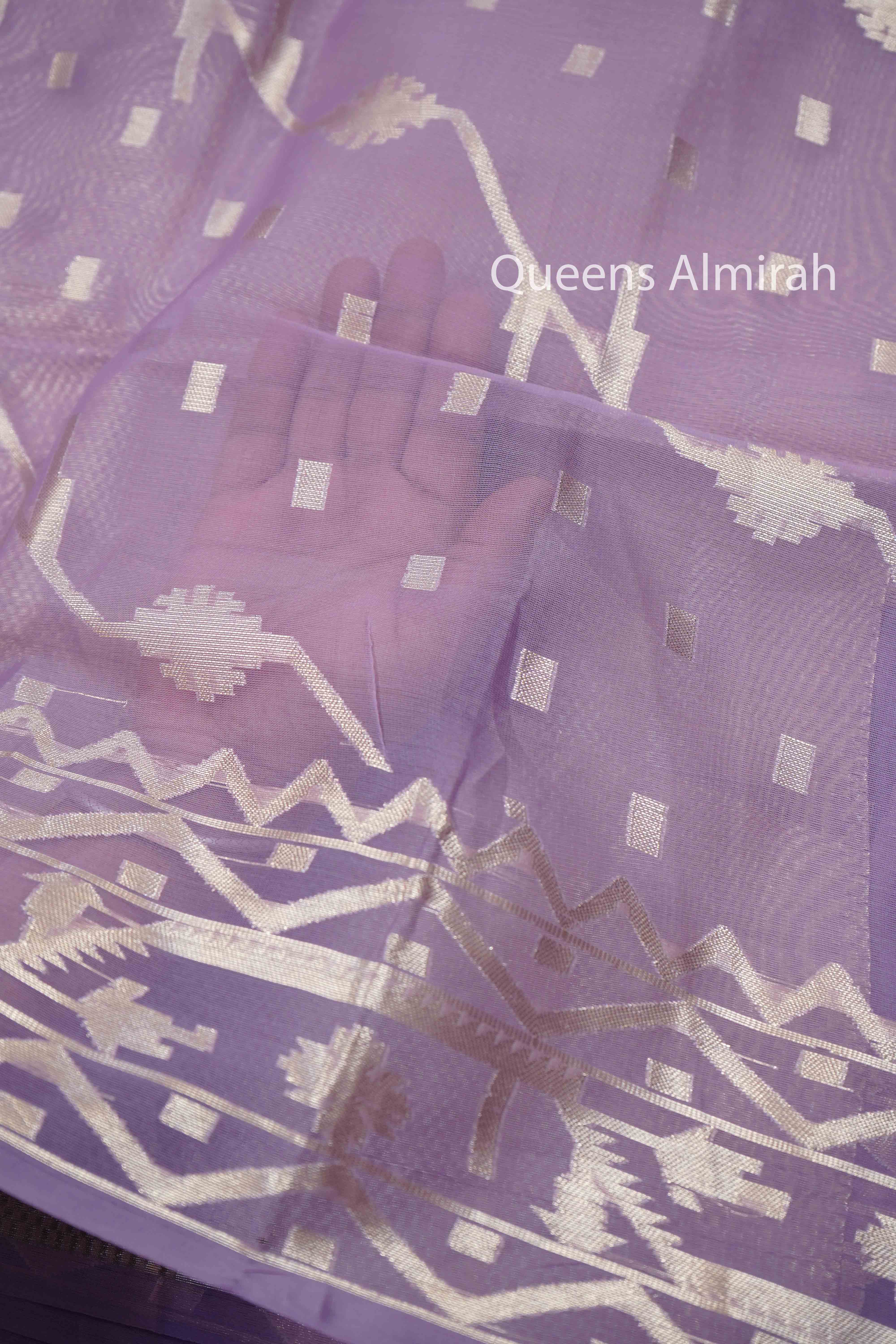 PURPLE GREY MUSLIN JAMDANI SAREE - Queens Jewel Emporium