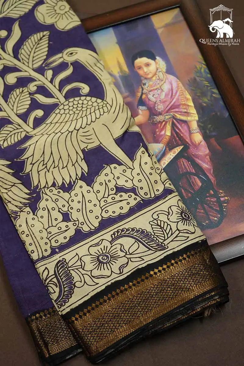 PURPLE HAZE WITH BLACK AND GOLDEN BORDER  MANGALGIRI SAREE - Queens Jewel Emporium