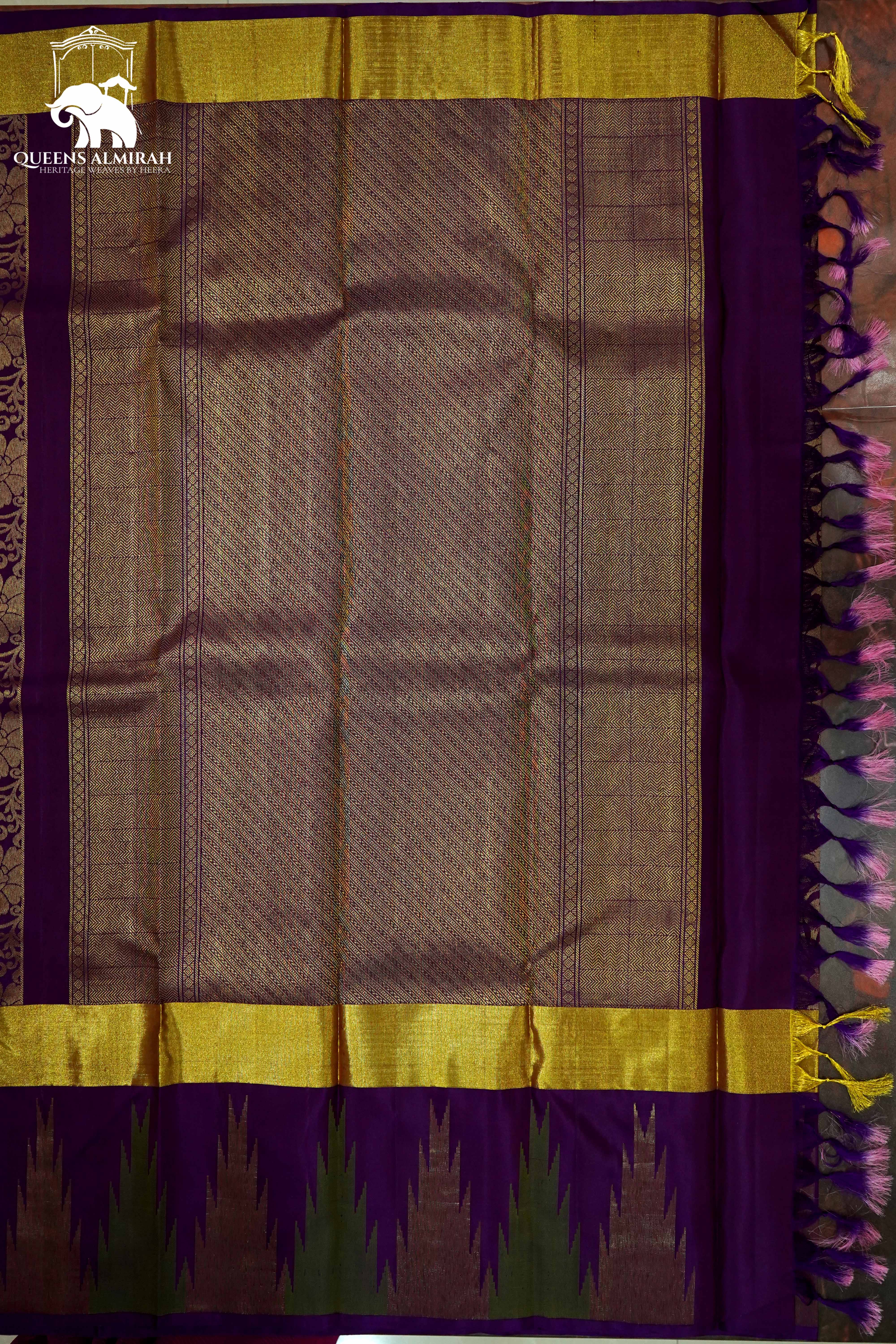 PURPLE WITH TEMPLE ZARI BORDER KANCHIVARAM SILK SAREE - Queens Jewel Emporium