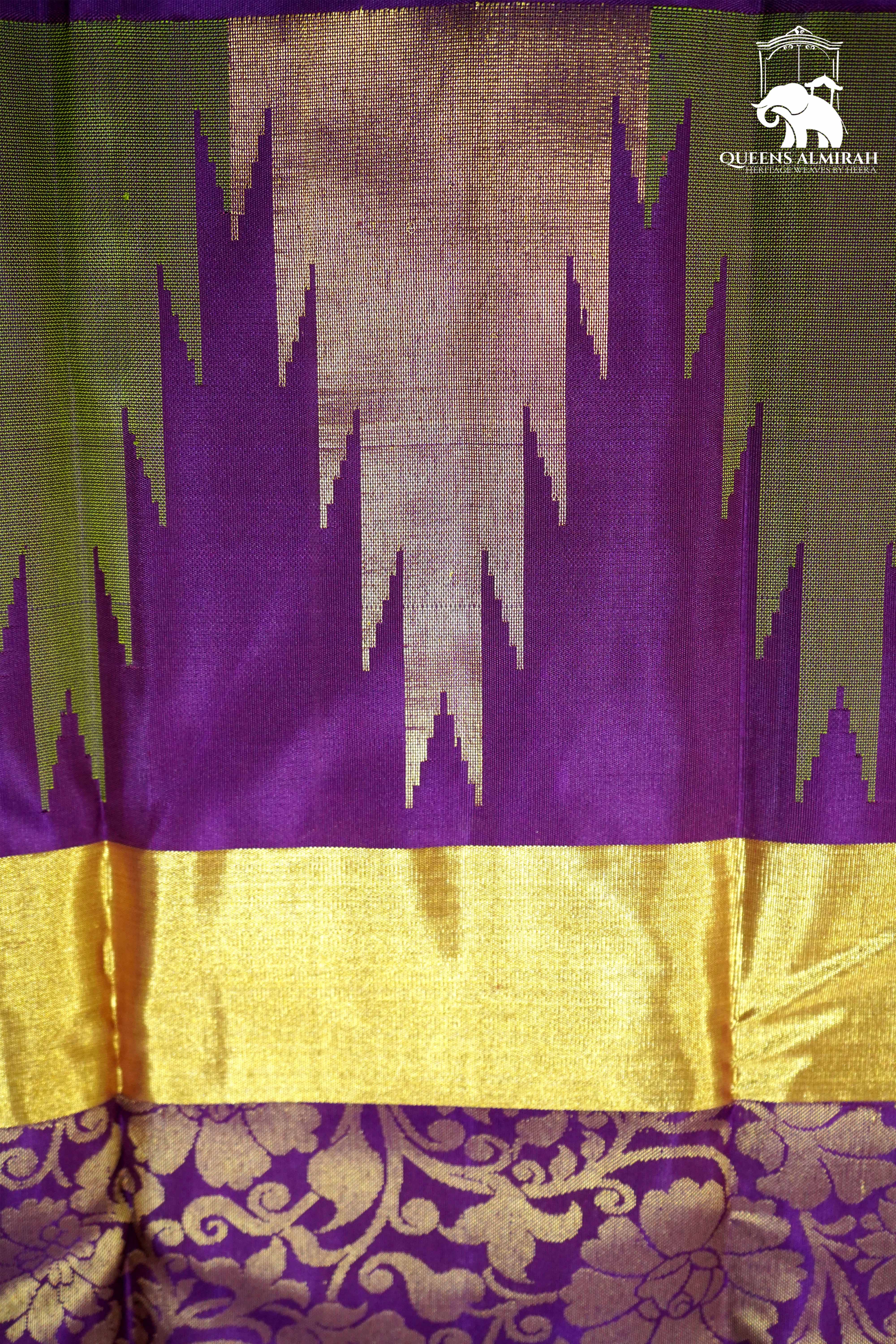 PURPLE WITH TEMPLE ZARI BORDER KANCHIVARAM SILK SAREE - Queens Jewel Emporium