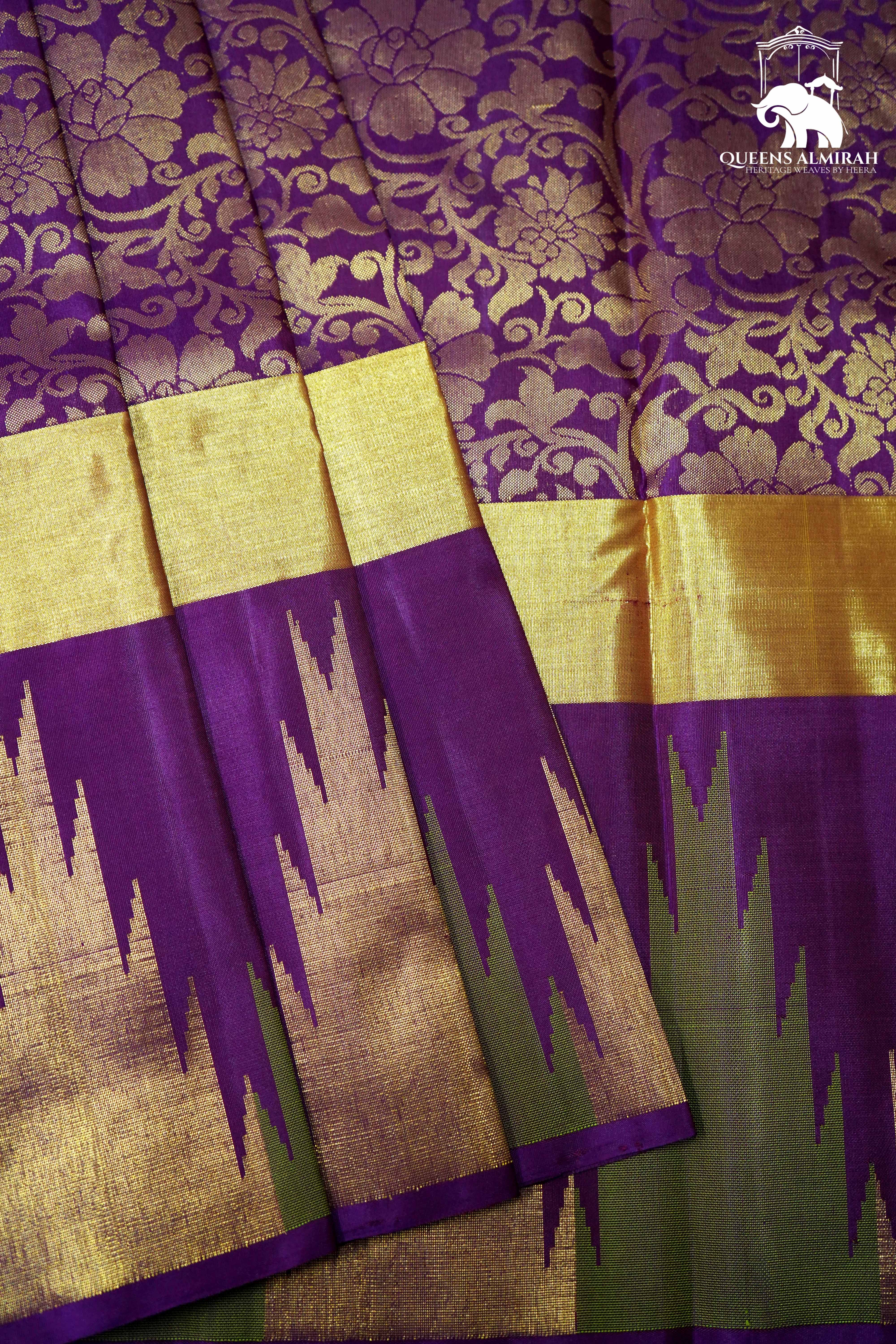 PURPLE WITH TEMPLE ZARI BORDER KANCHIVARAM SILK SAREE - Queens Jewel Emporium