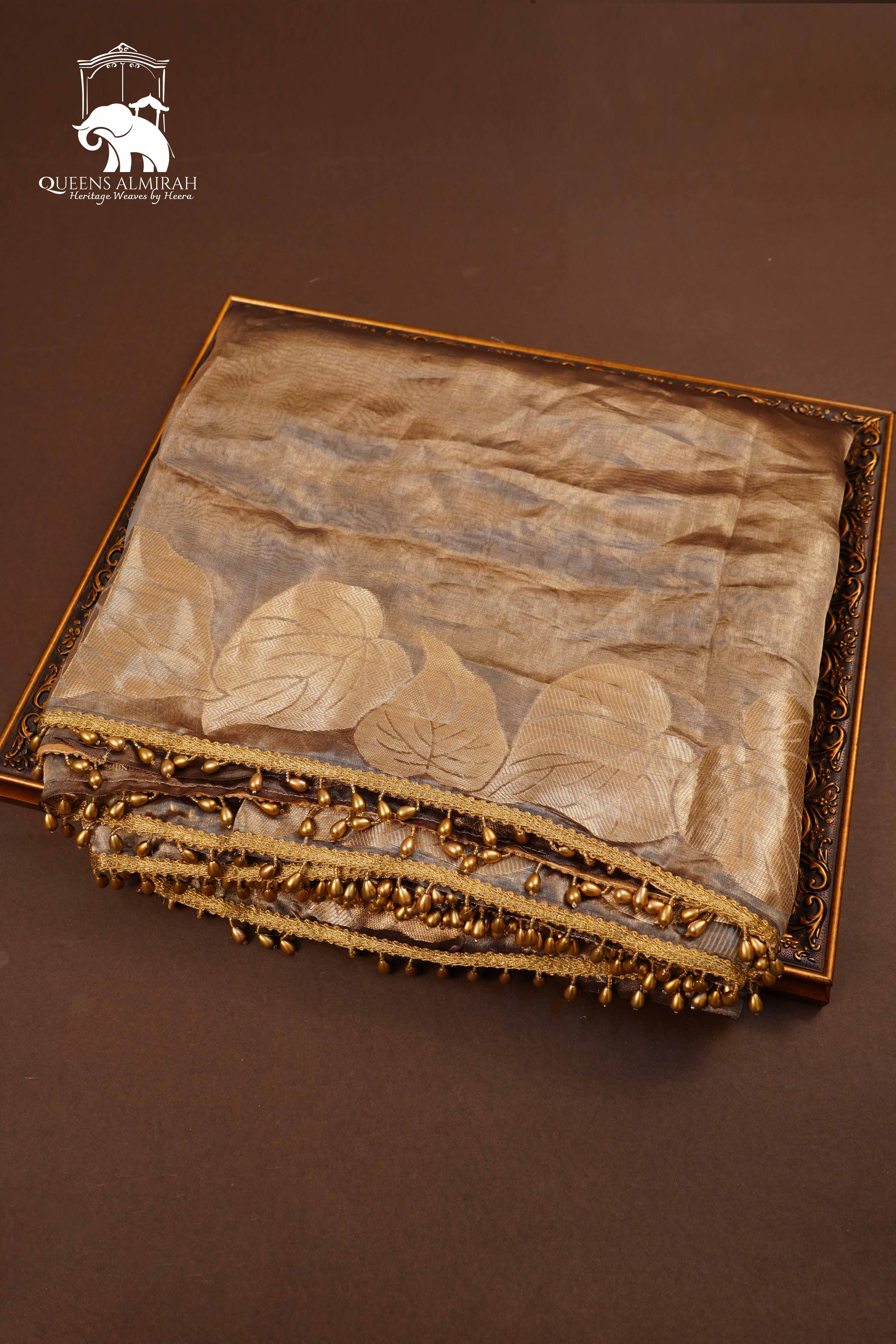 PALE BROWN PURE BANARSI SILK SAREE - Queens Jewel Emporium