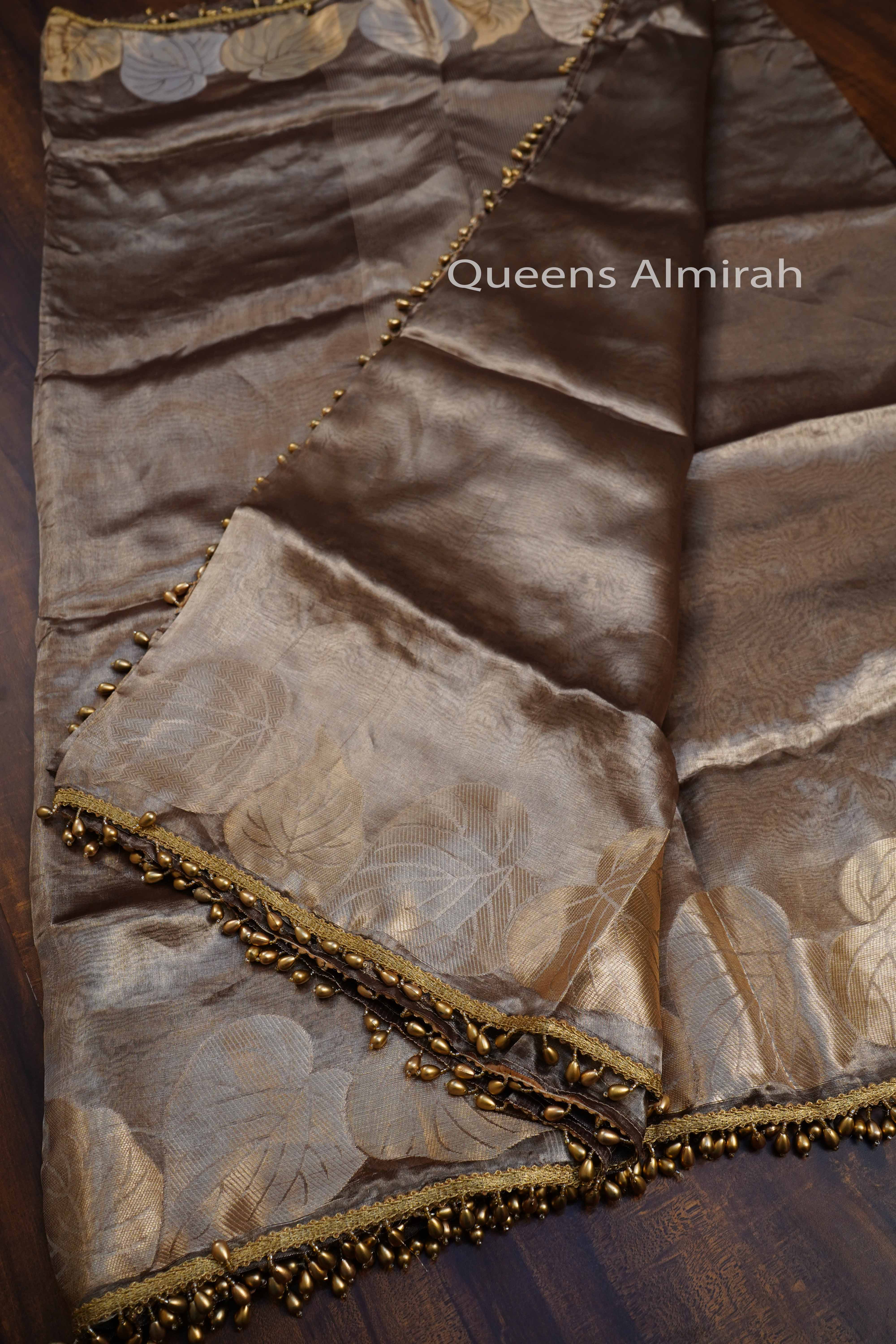 PALE BROWN PURE BANARSI SILK SAREE - Queens Jewel Emporium