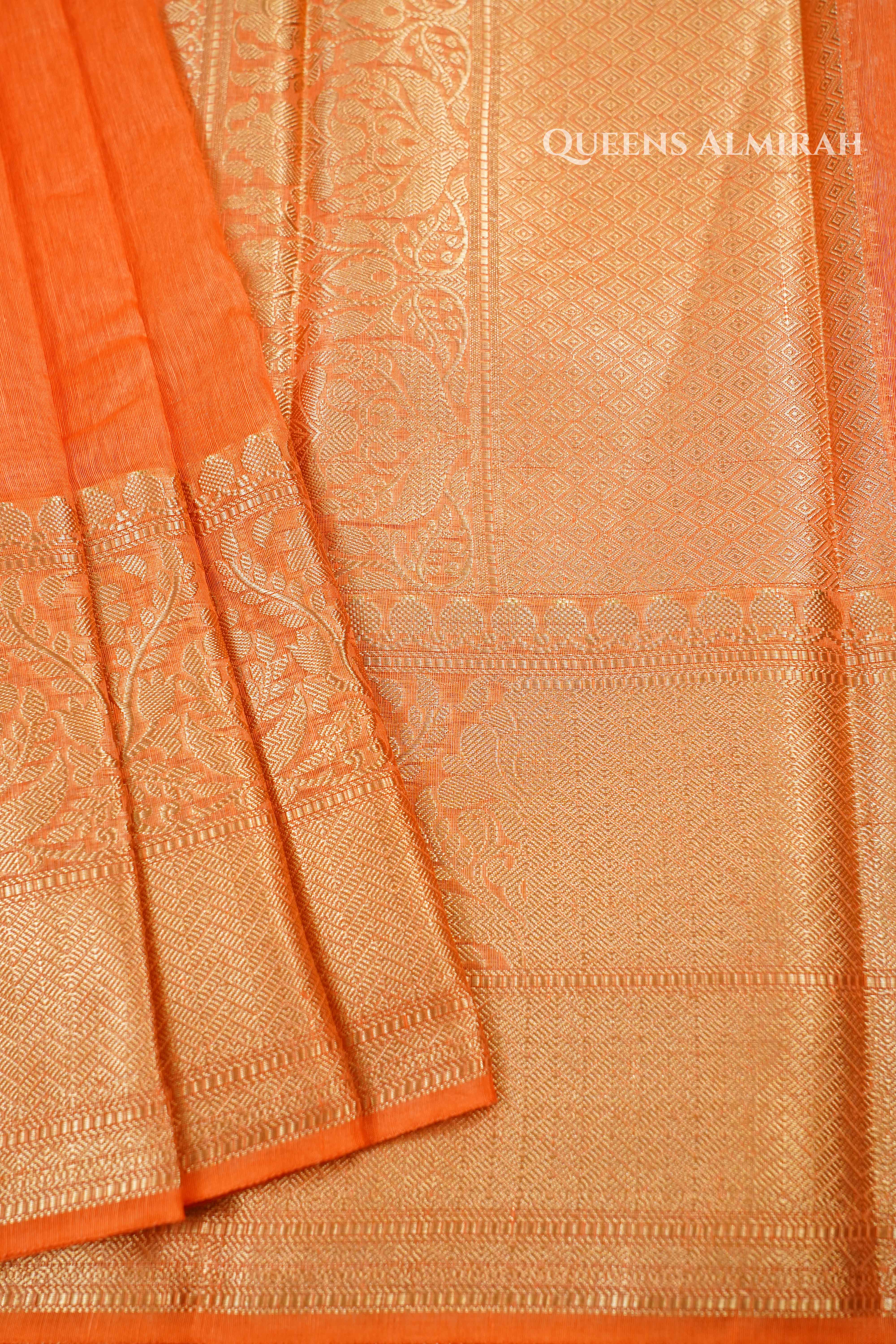 Papaya Orange  Banarasi Linen Saree QUEENS ALMIRAH