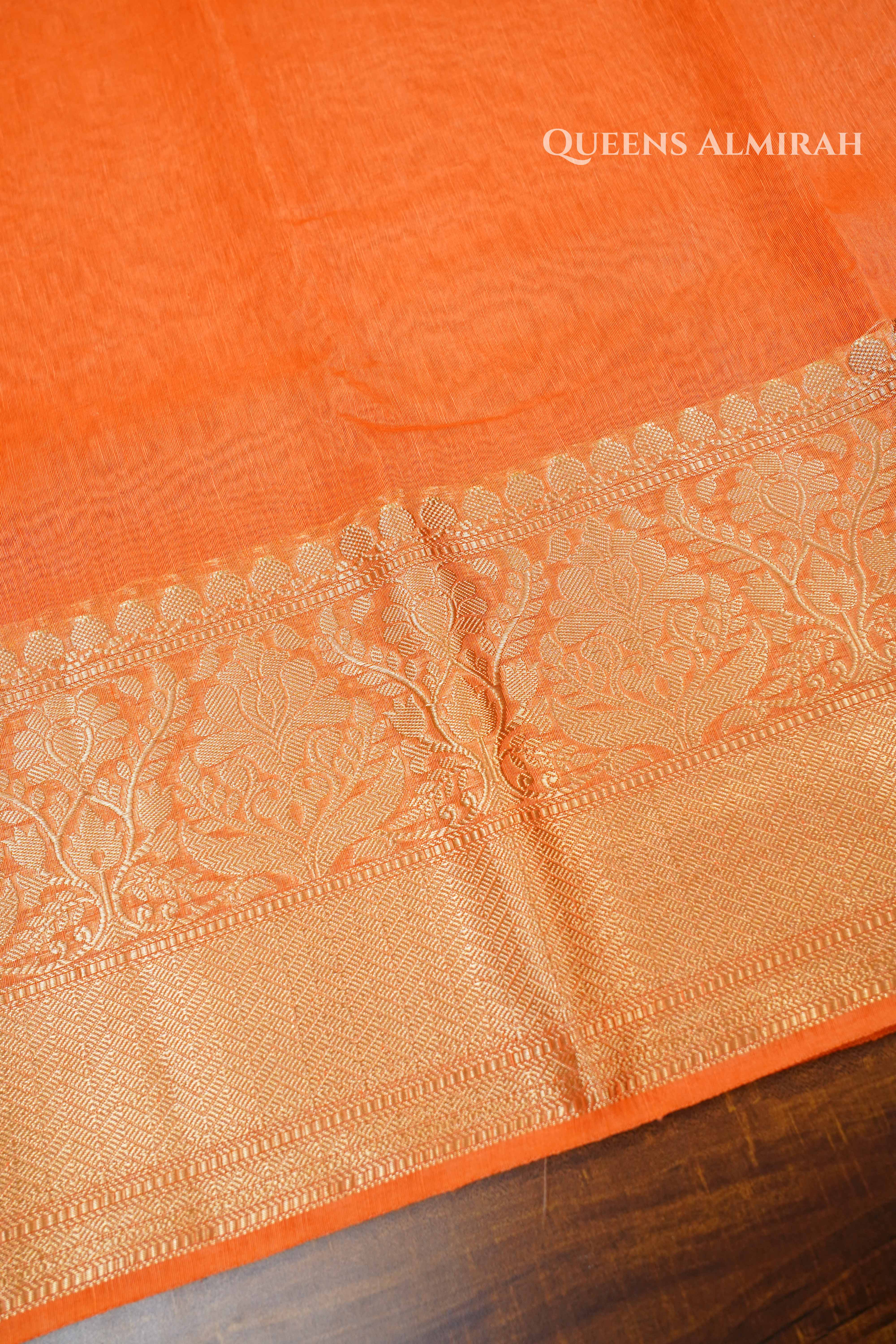 Papaya Orange  Banarasi Linen Saree QUEENS ALMIRAH