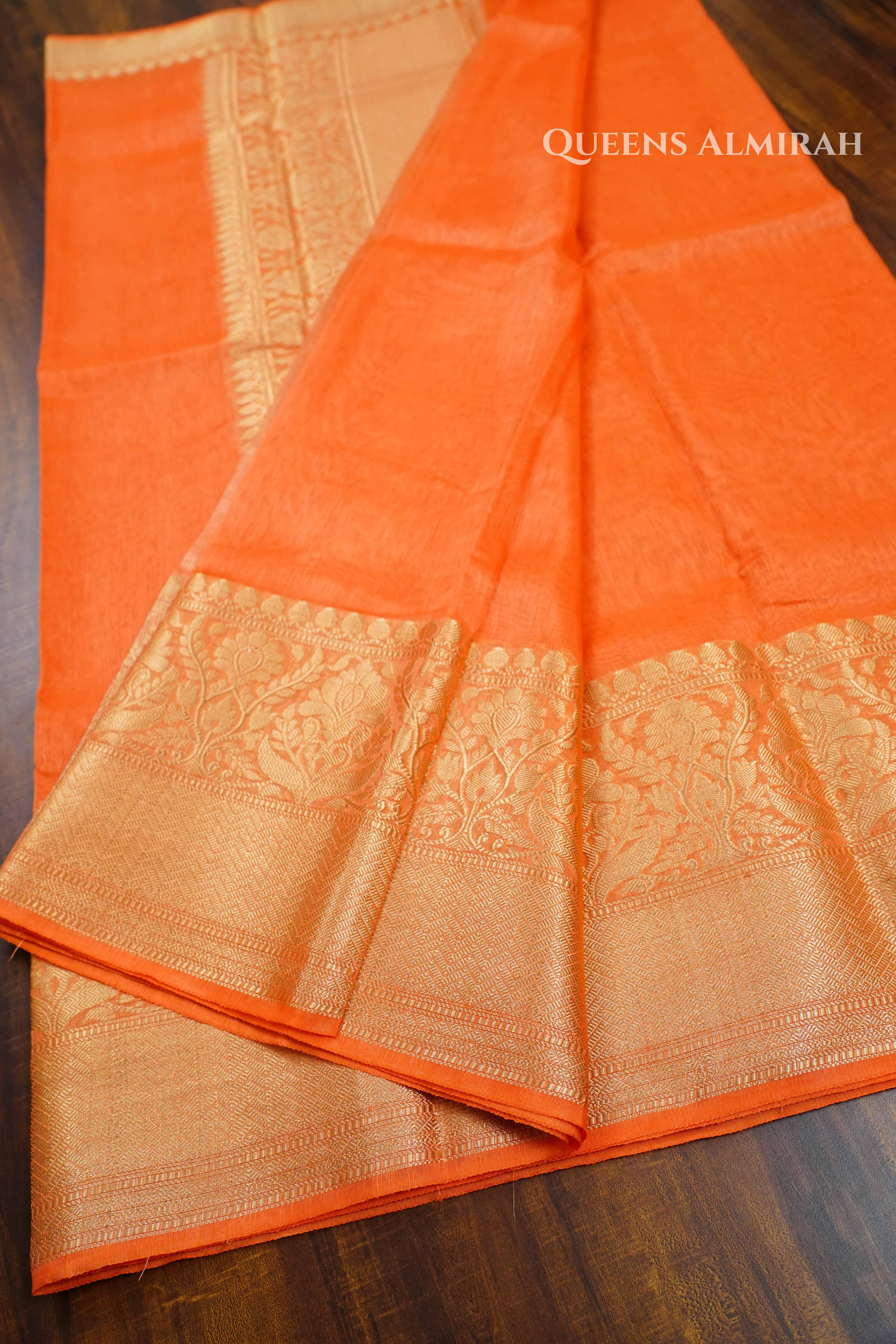 Papaya Orange  Banarasi Linen Saree QUEENS ALMIRAH