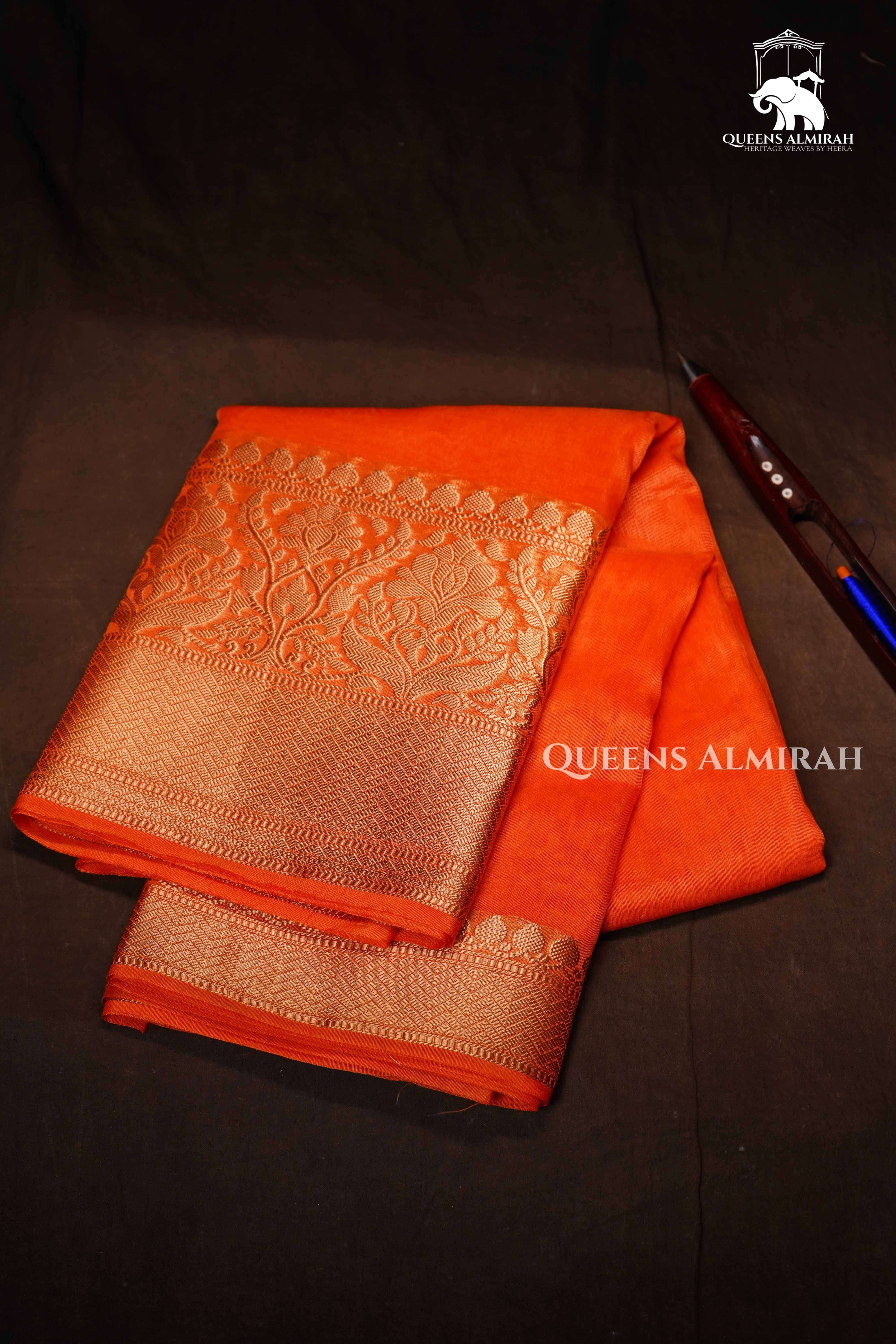 Papaya Orange  Banarasi Linen Saree QUEENS ALMIRAH