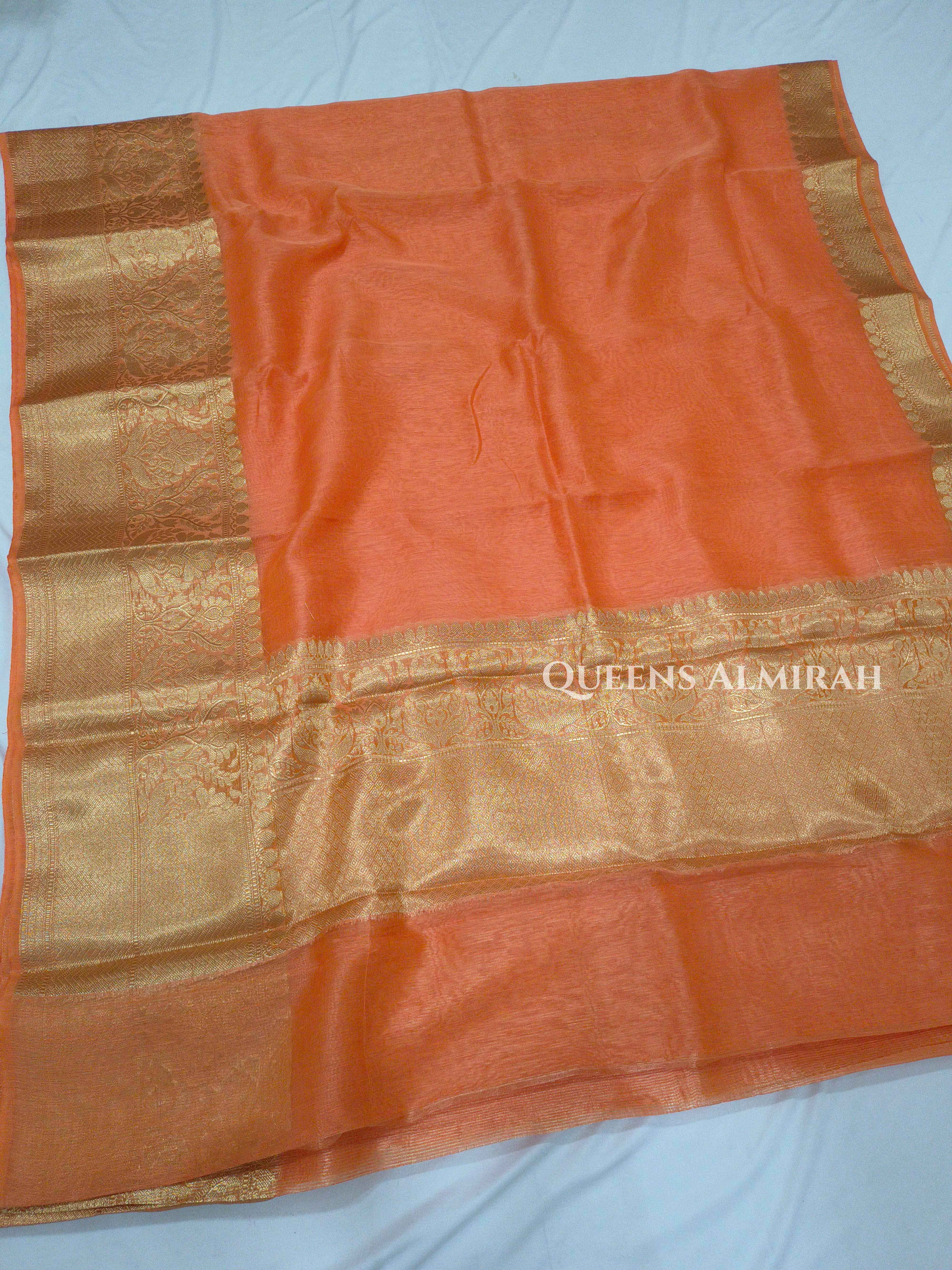 Papaya Orange  Banarasi Linen Saree QUEENS ALMIRAH