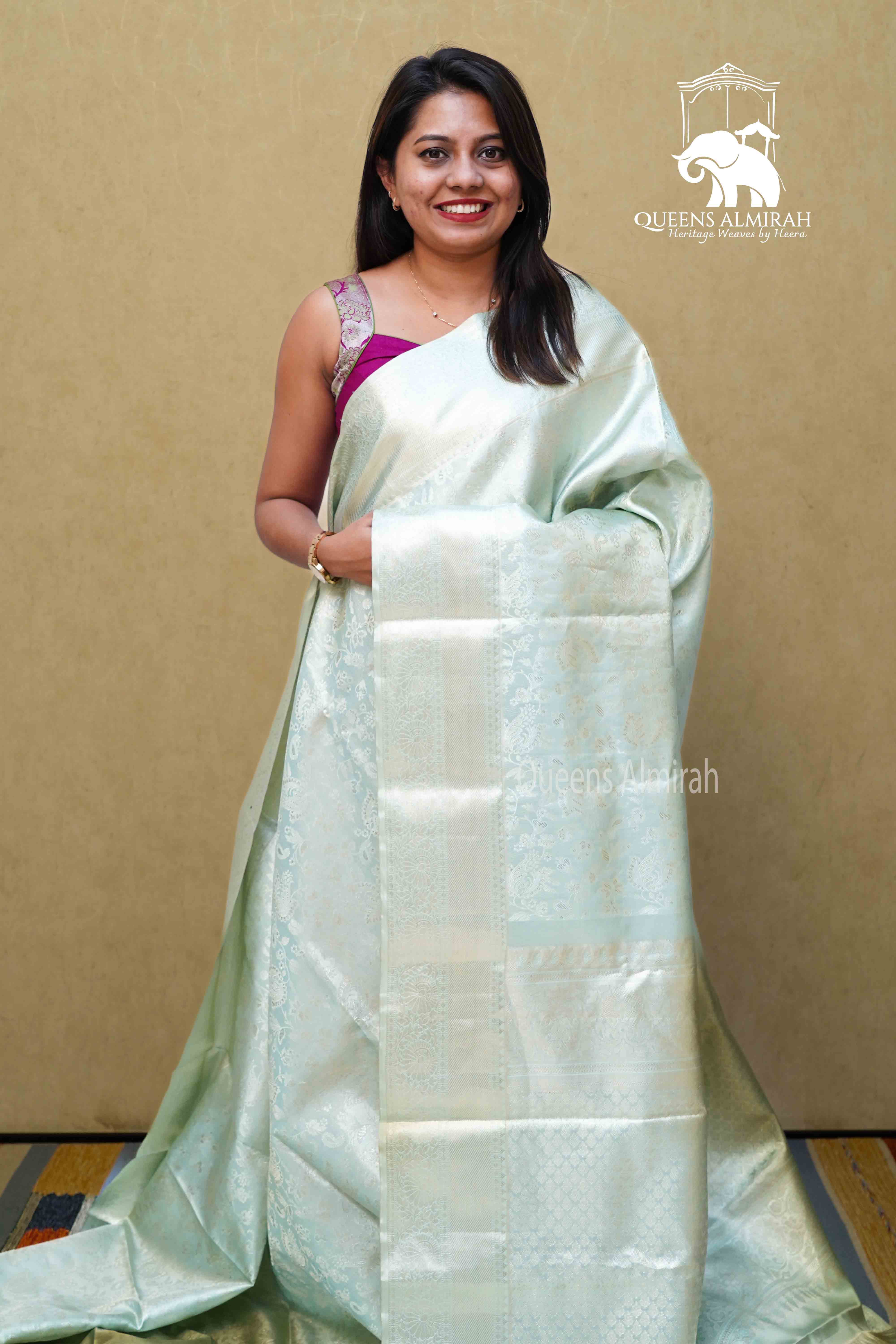 PASTEL GREEN WITH WOVEN BORDER KANCHIVARAM SILK SAREE - Queens Jewel Emporium